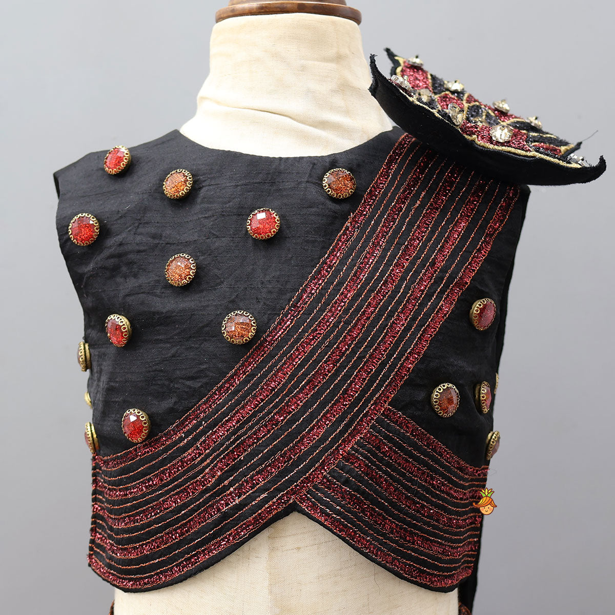 Pre Order: Butterfly-Adorned Drape Top With Layered Shiny Lehenga