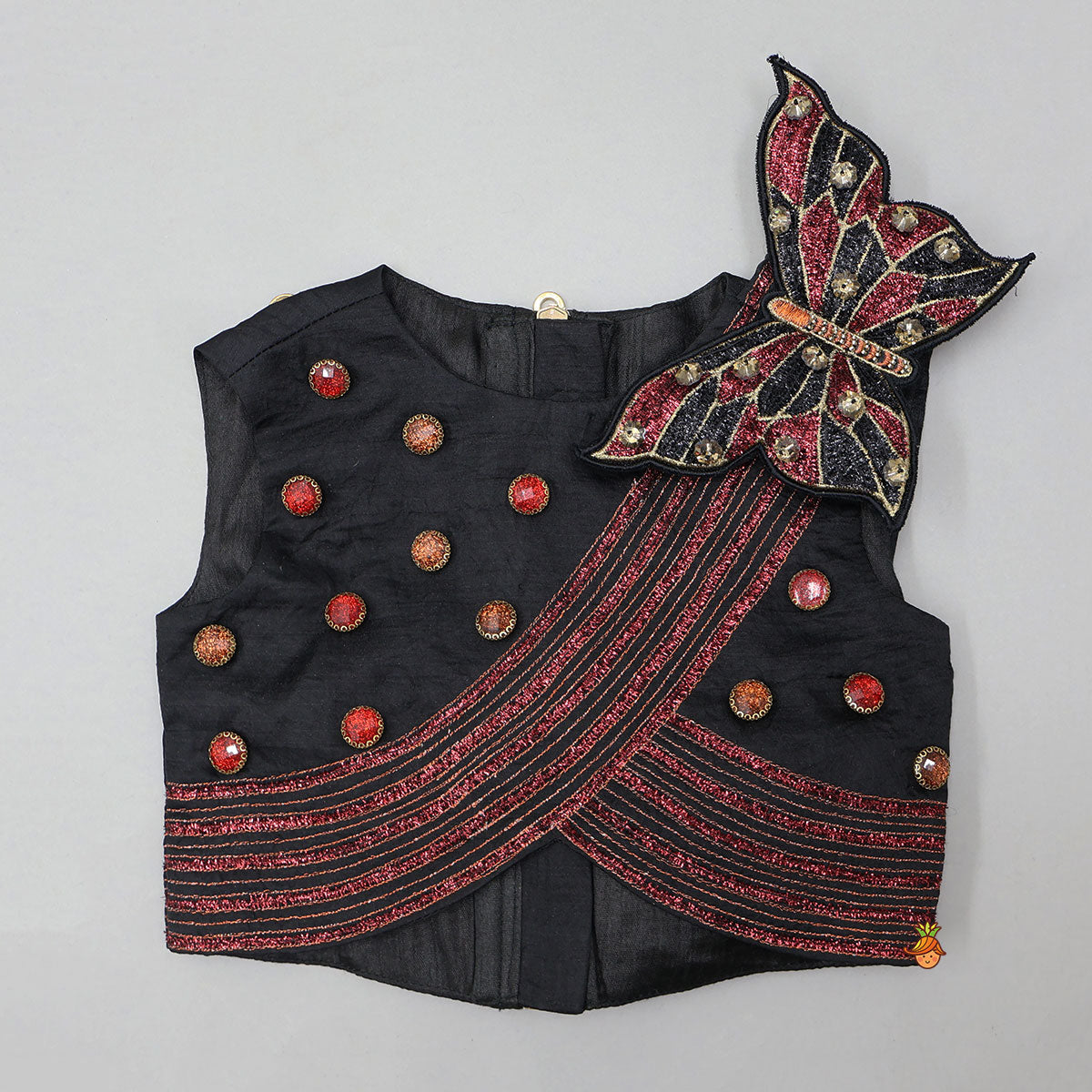 Pre Order: Butterfly-Adorned Drape Top With Layered Shiny Lehenga