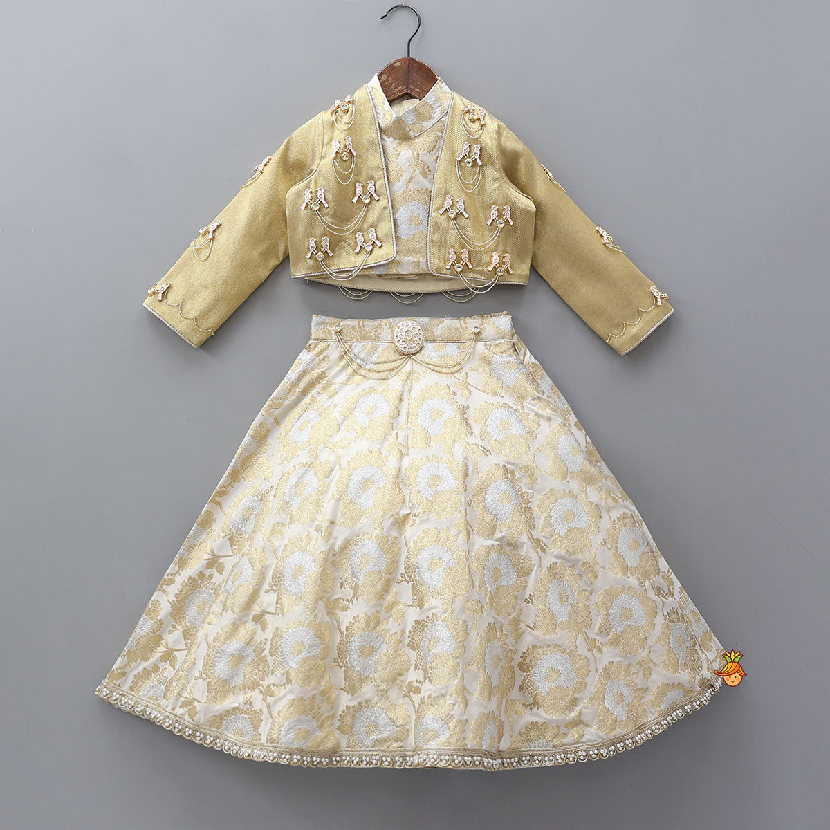 Pre Order: Exquisite Halter Neck Brocade Top With Embellished Jacket And Brocade Lehenga With Matching Hair Band