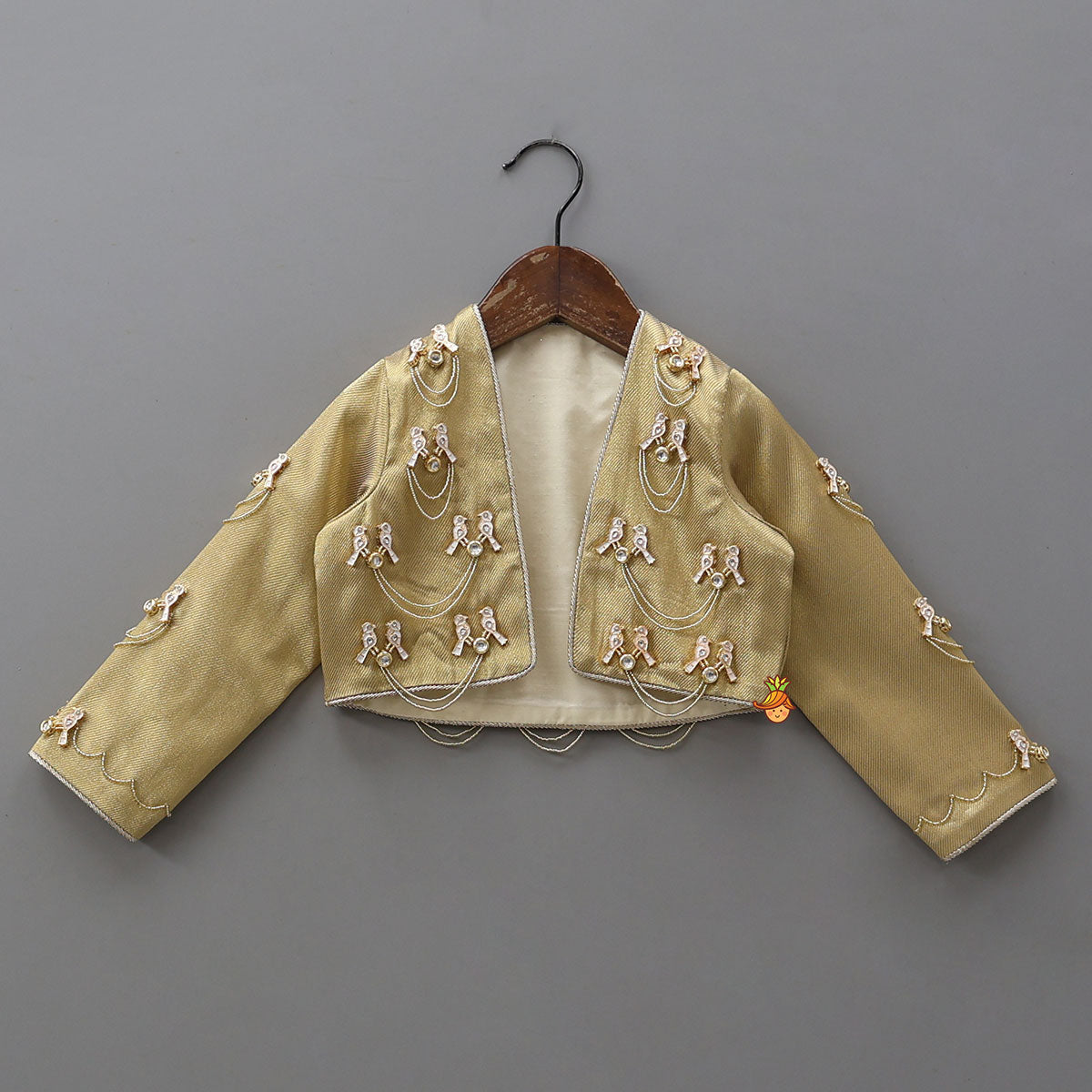 Pre Order: Exquisite Halter Neck Brocade Top With Embellished Jacket And Brocade Lehenga With Matching Hair Band