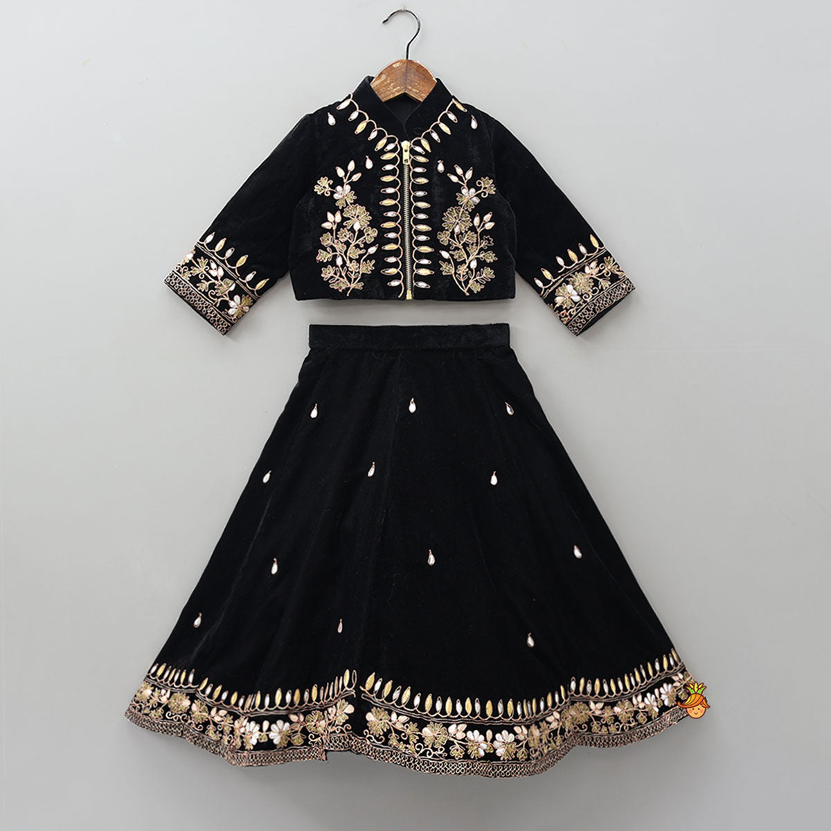Pre Order: Stand Collar Velvet Stunning Black Top And Lehenga