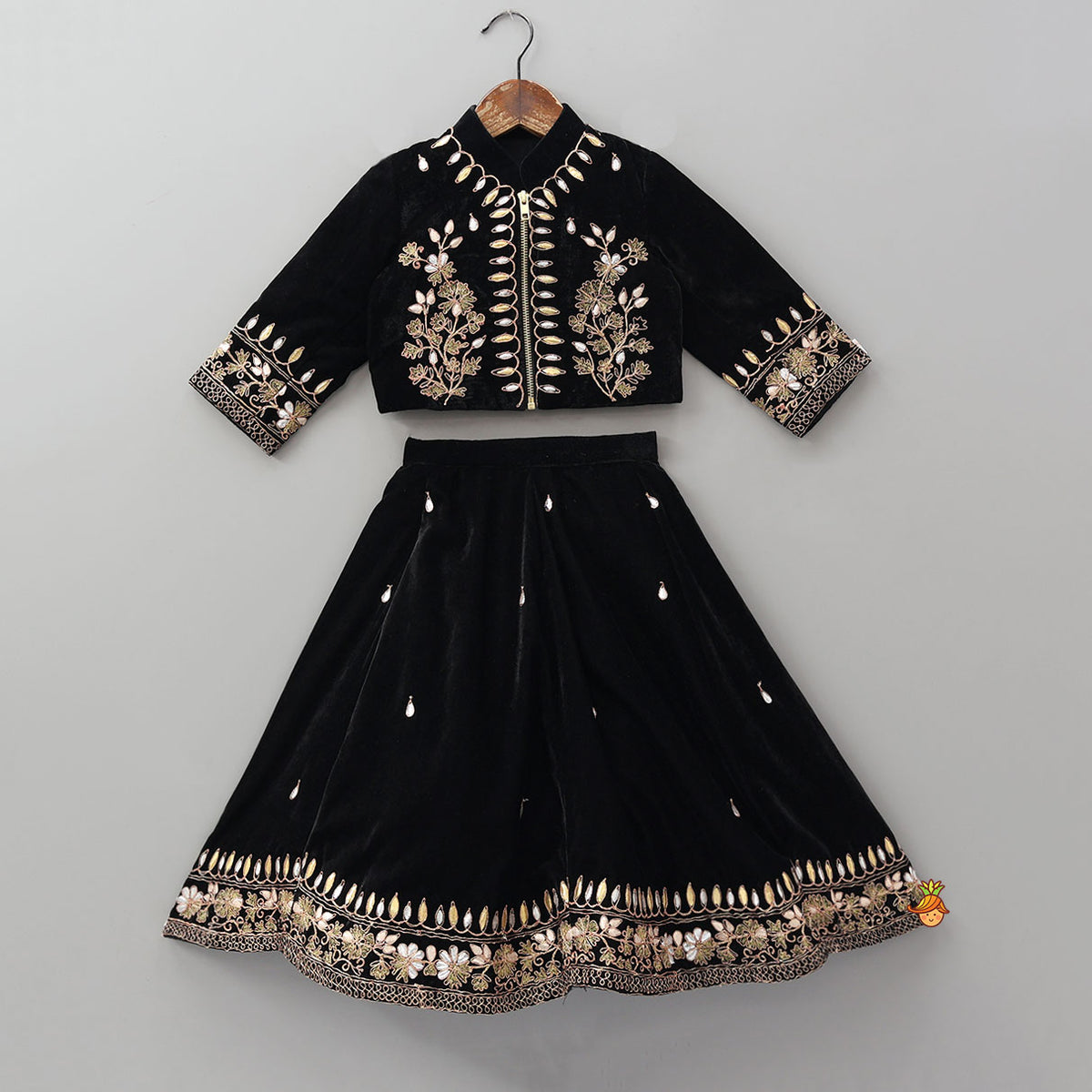 Pre Order: Stand Collar Velvet Stunning Black Top And Lehenga