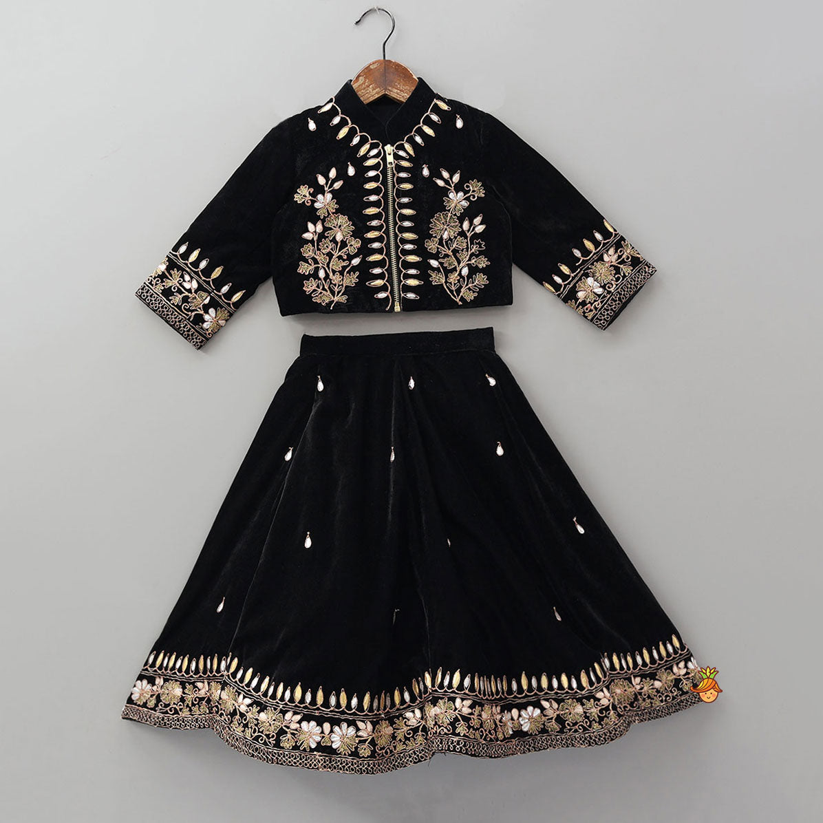 Pre Order: Stand Collar Velvet Stunning Black Top And Lehenga