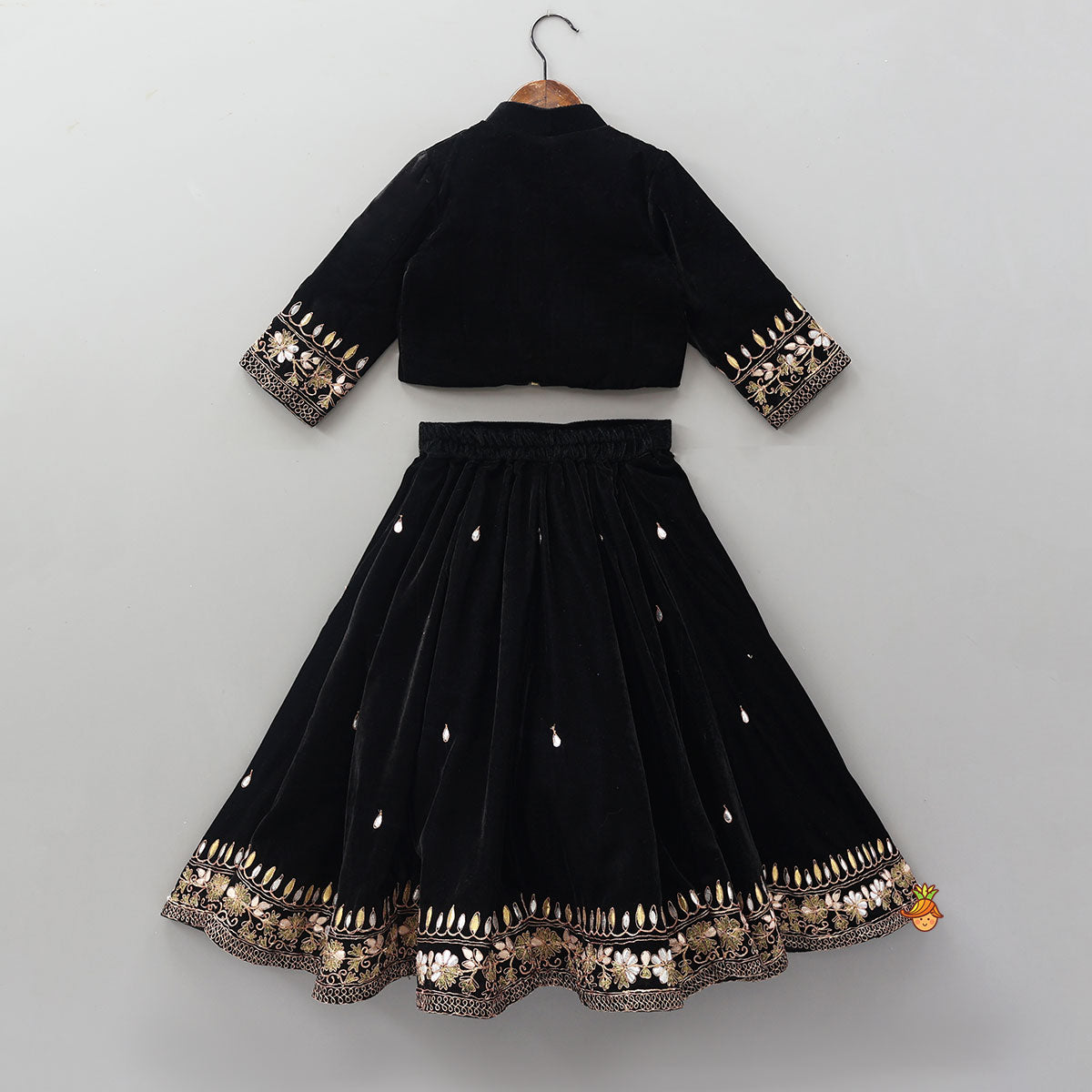 Pre Order: Stand Collar Velvet Stunning Black Top And Lehenga