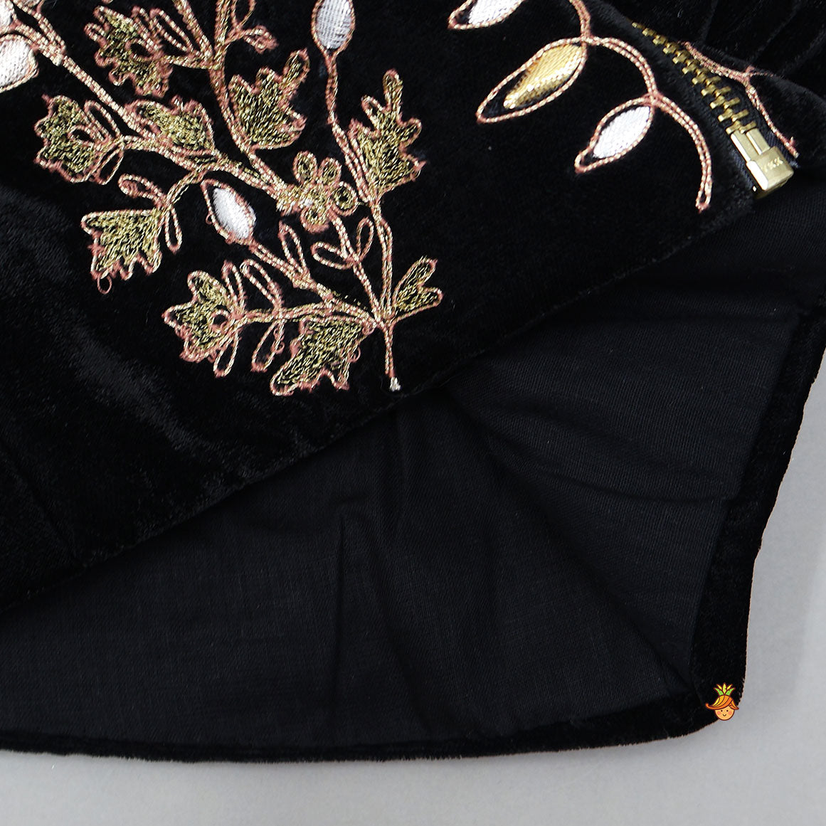 Pre Order: Stand Collar Velvet Stunning Black Top And Lehenga