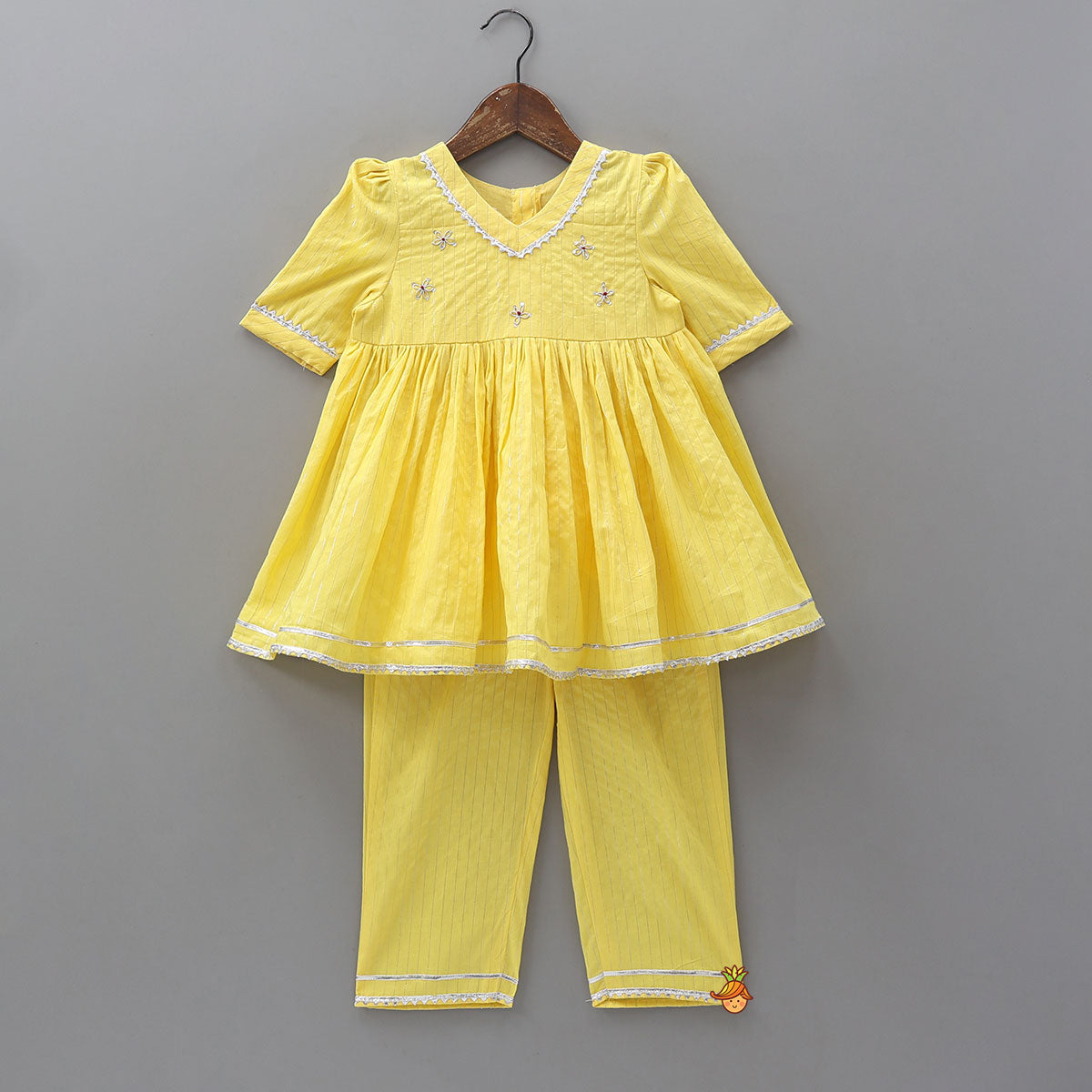 Lurex Striped Kurti And Pant With Contrasting Dupatta And Matching Sling Bag