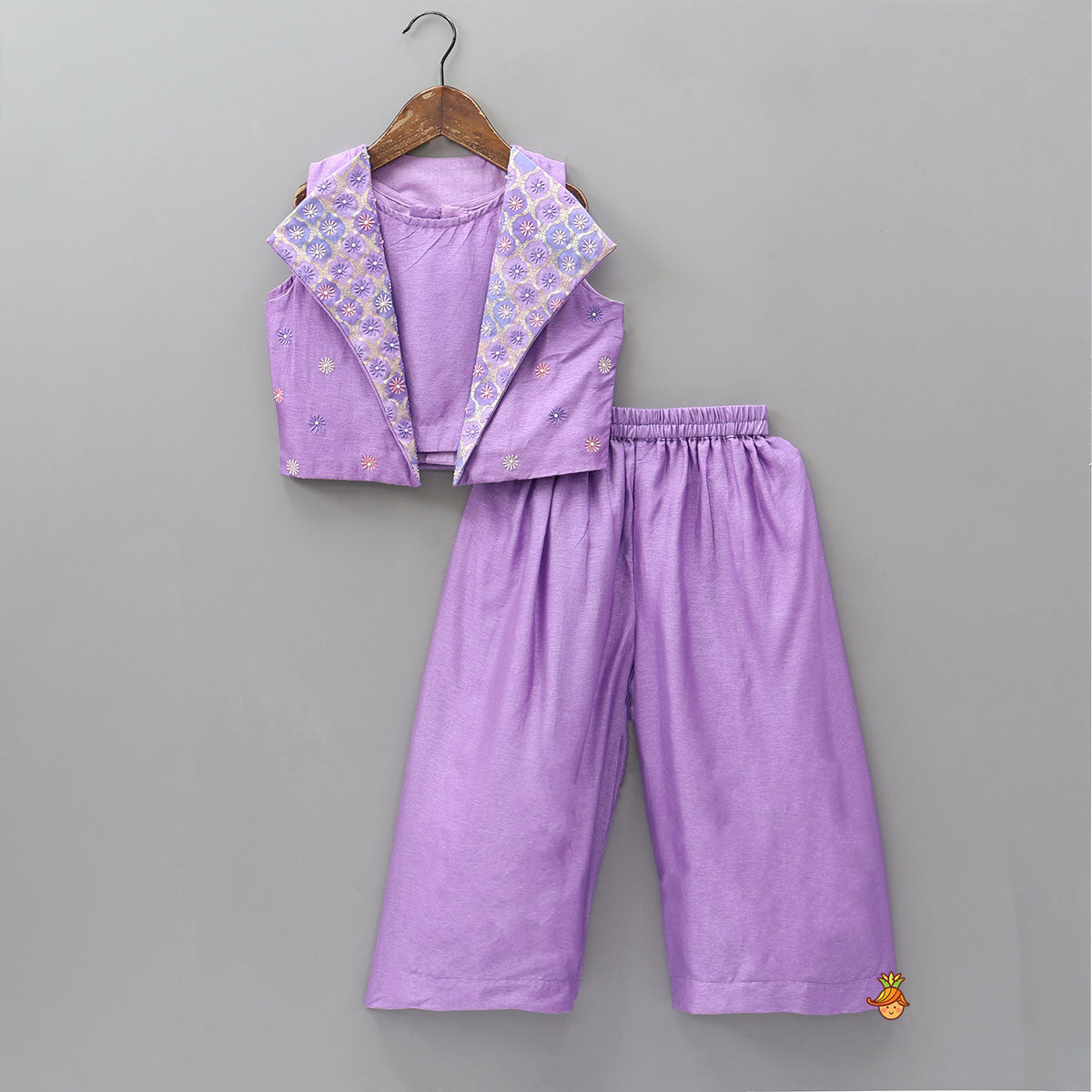 Pre Order: Beautiful Top With Collar Neck Open Jacket And Palazzo Pant