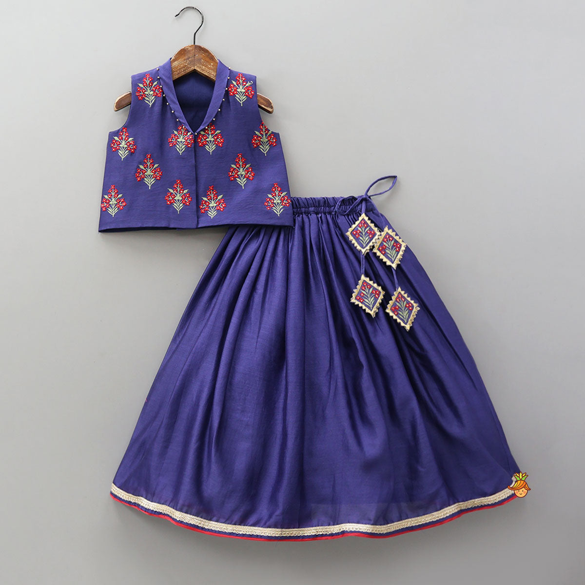 Pre Order: Floral Thread Embroidered Jacket-Style Top With Matching Lehenga