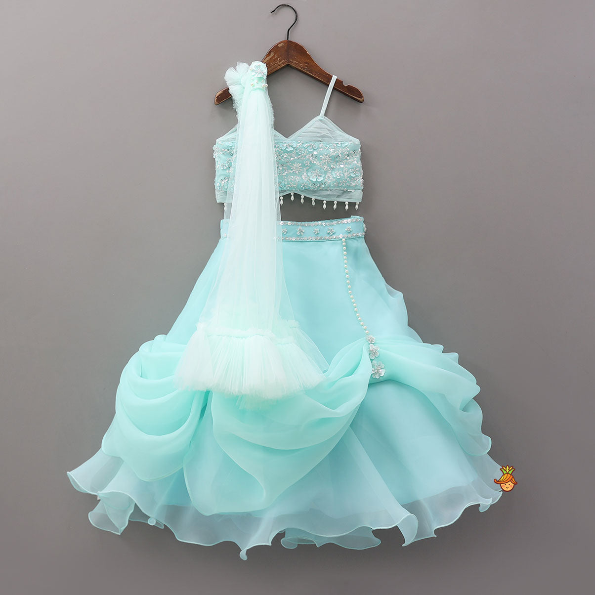 Spaghetti Straps Top And Gathered Stylish Lehenga With Dupatta