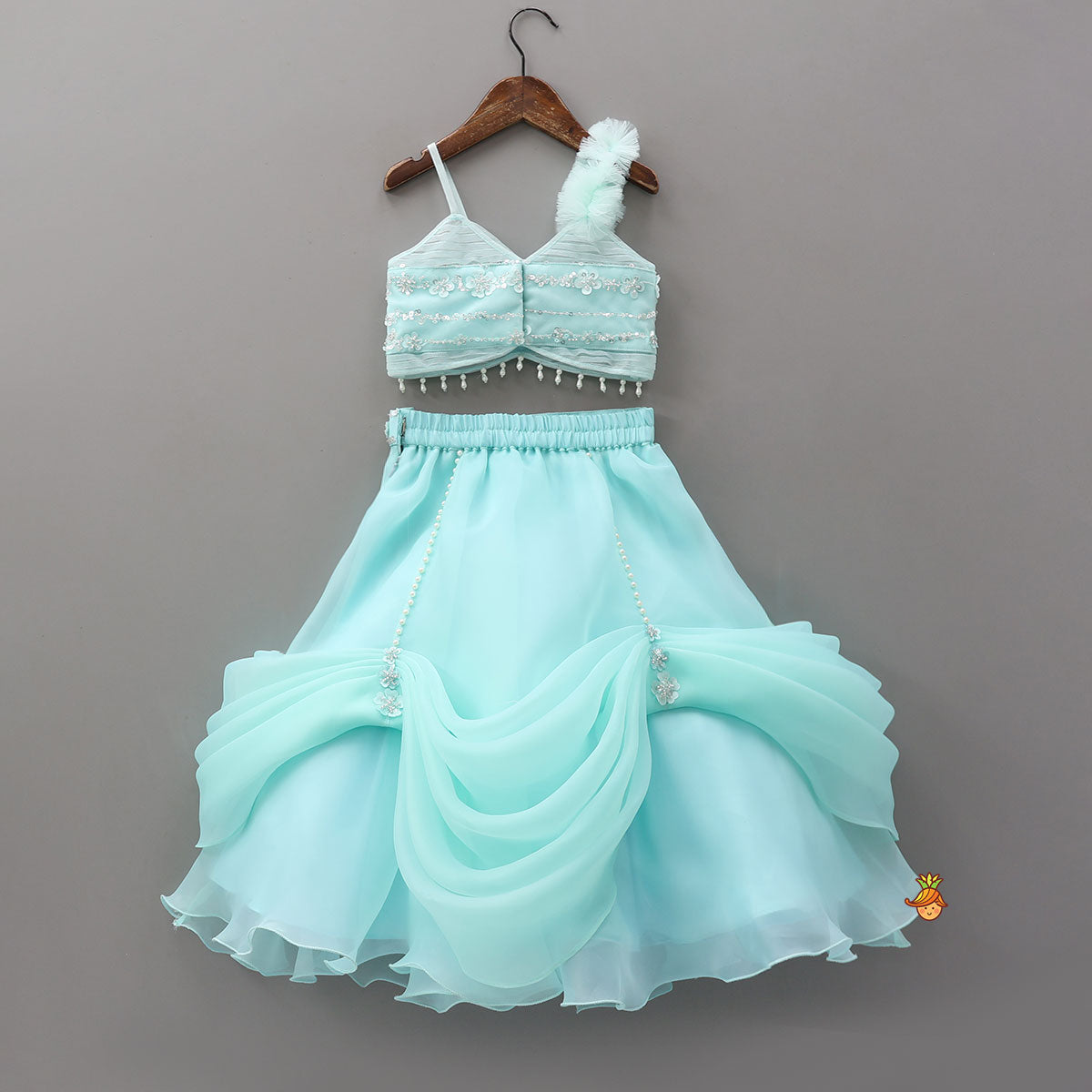 Spaghetti Straps Top And Gathered Stylish Lehenga With Dupatta