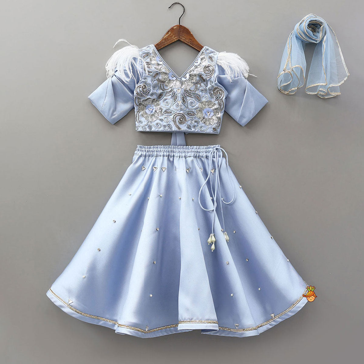 Pre Order: V Neck Sequins Floral Embroidered Top And Lehenga With Matching Dupatta