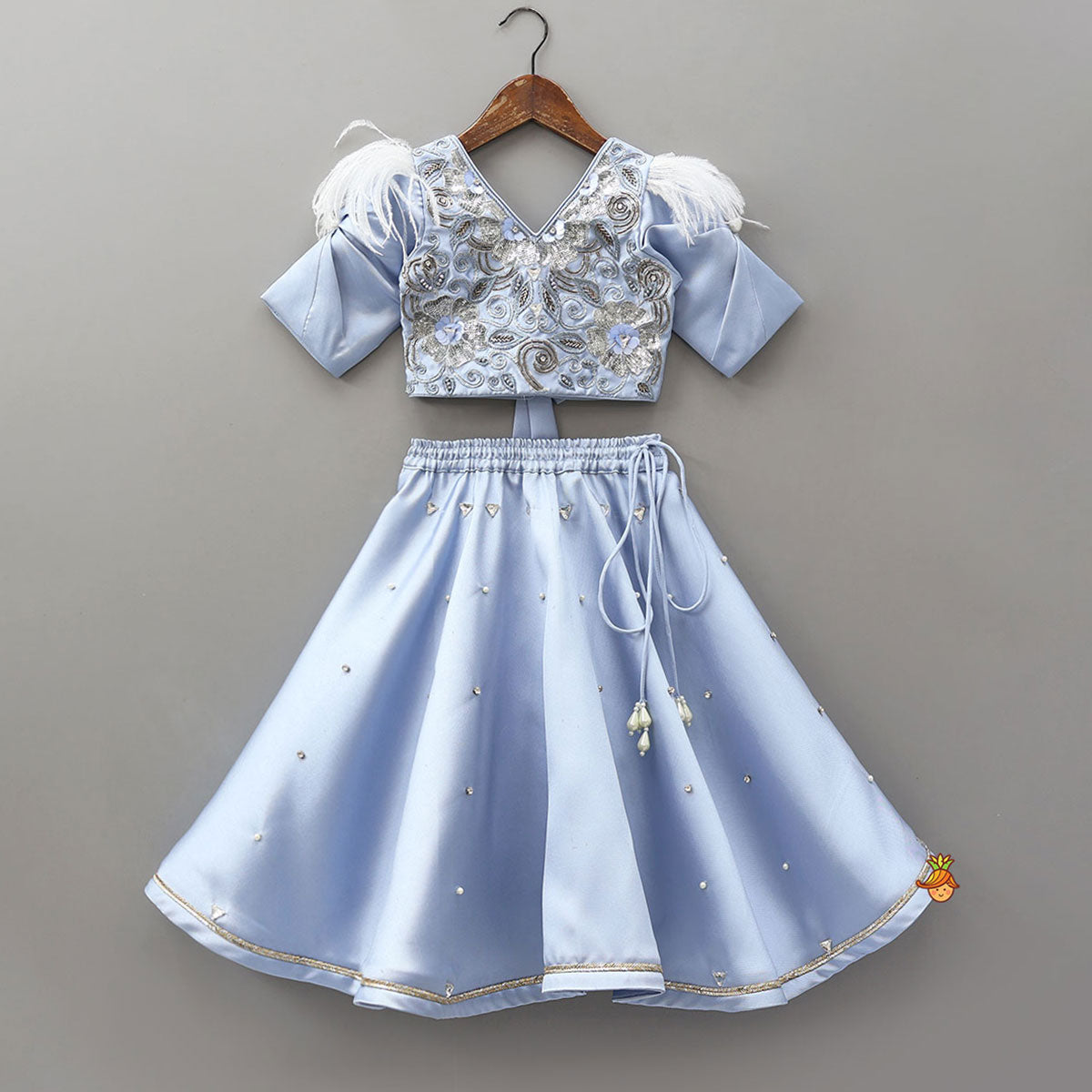 Pre Order: V Neck Sequins Floral Embroidered Top And Lehenga With Matching Dupatta