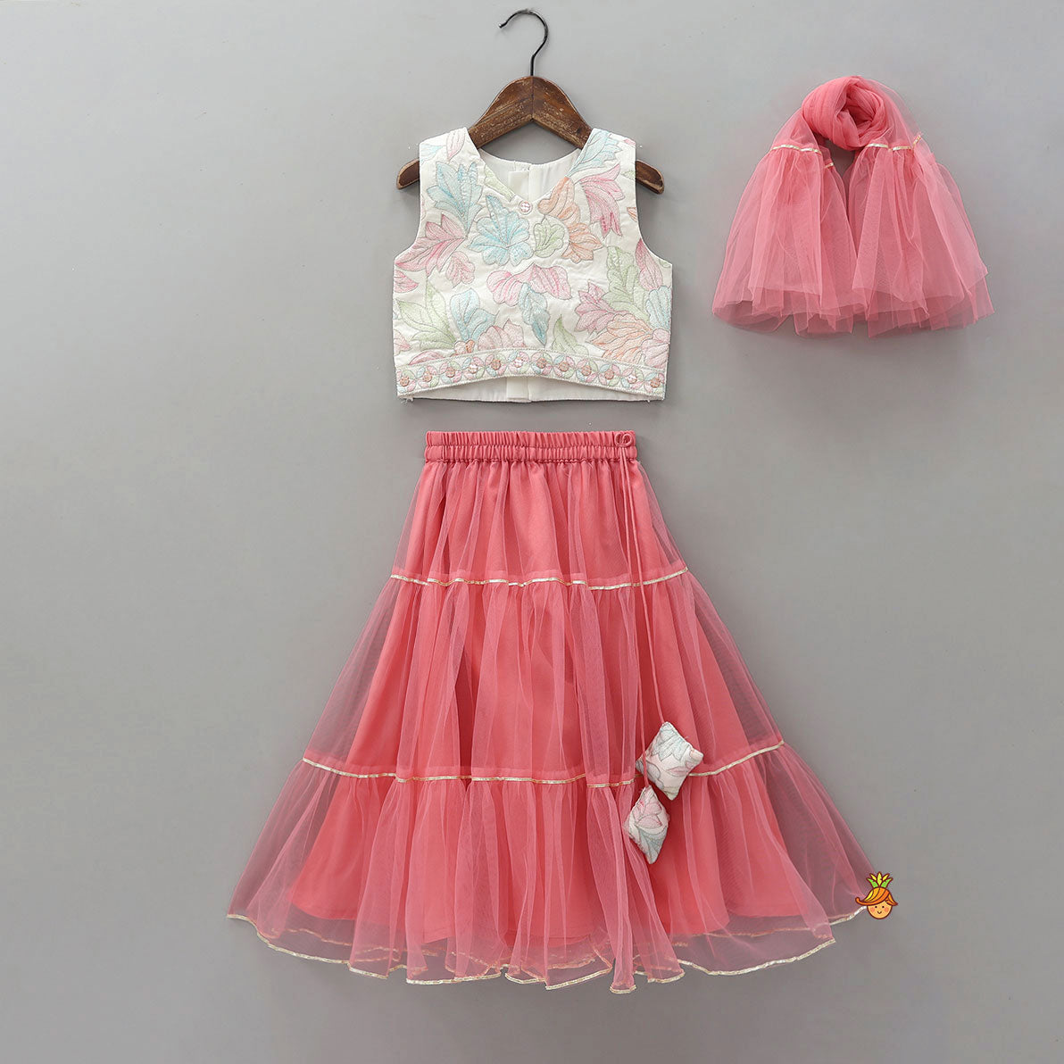 Thread Embroidered Top And Net Lehenga With Matching Dupatta