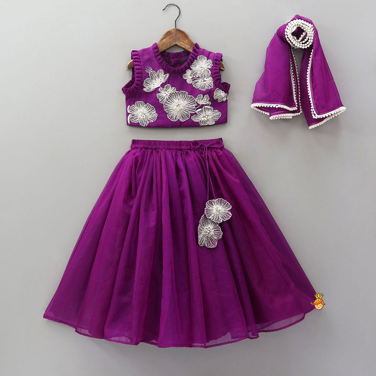 Pre Order: Pleats Detail Top And Organza Lehenga With Matching Dupatta