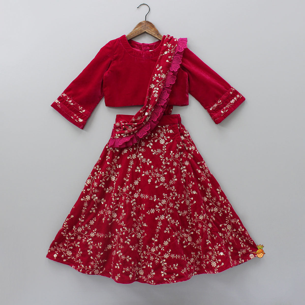 Velvet Top With Zari-Embroidered Lehenga And Attached Dupatta