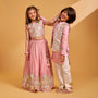 Shimmery Hand Embroidered Gota Laced Crop Top With Flared Shimmery Lehenga twinning model image 1