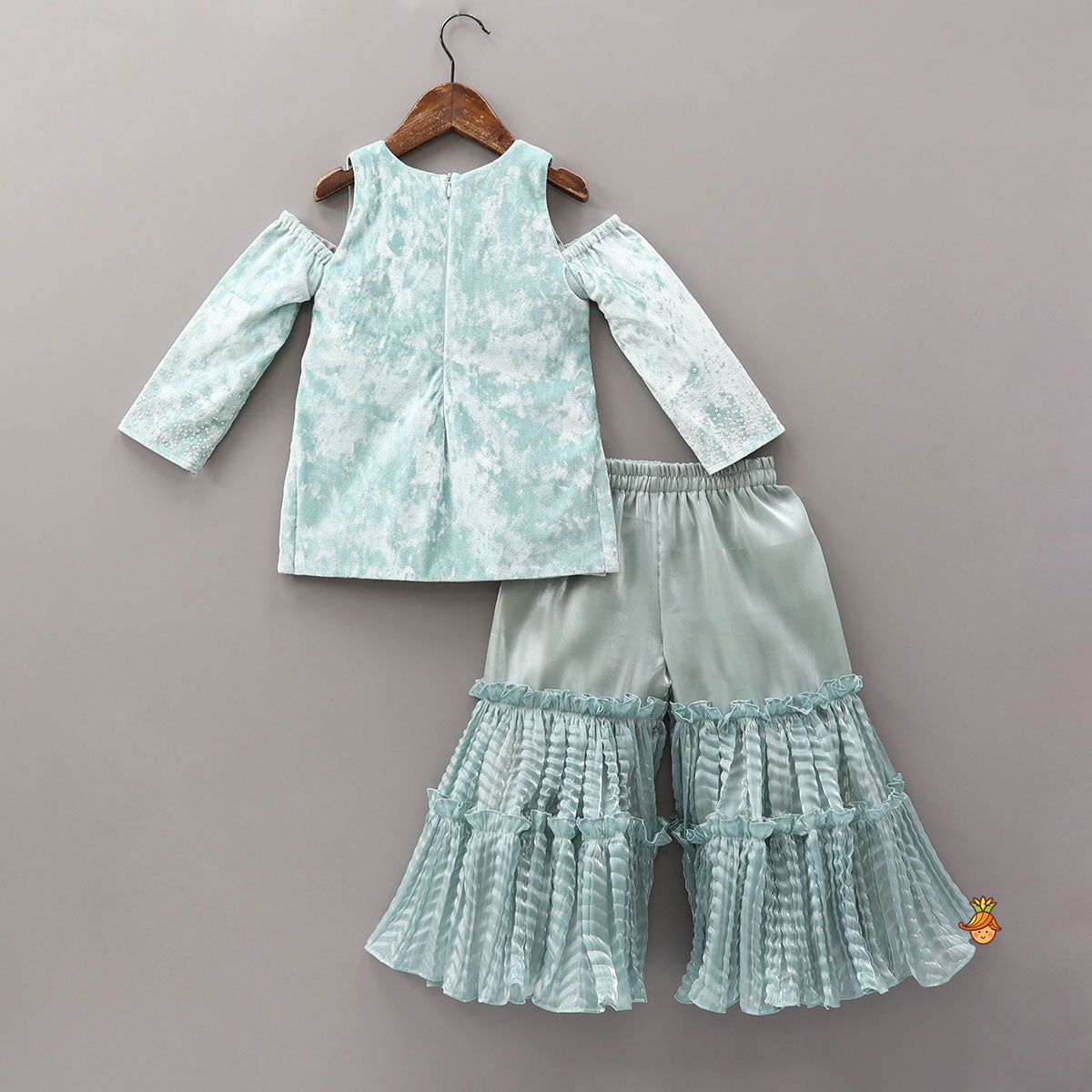 Pre Order: Velvet Cold-Shoulder Kurti With Shiny Sharara And Matching Dupatta