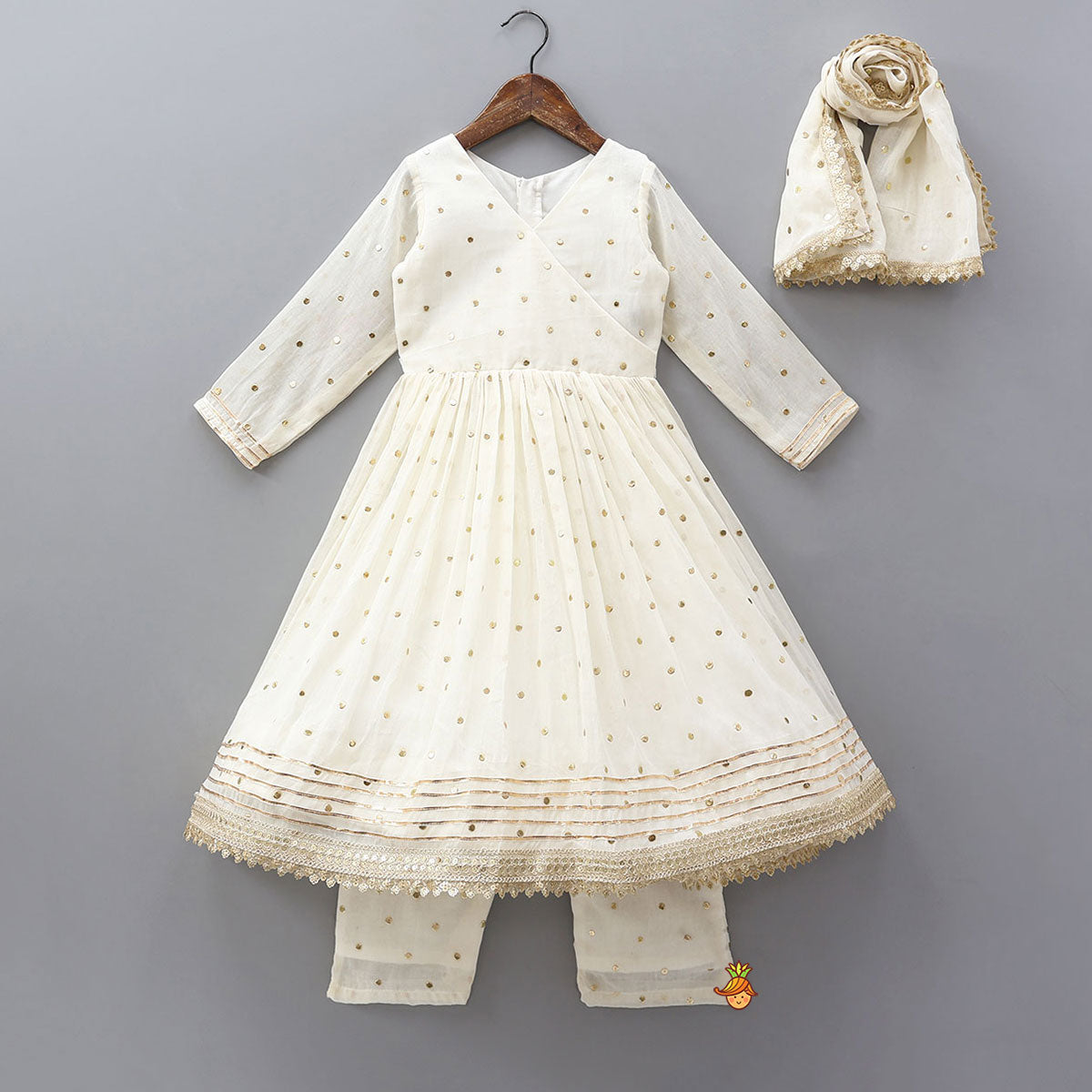 Pre Order: V-Neck Angarkha-Style Anarkali With Pant And Matching Dupatta