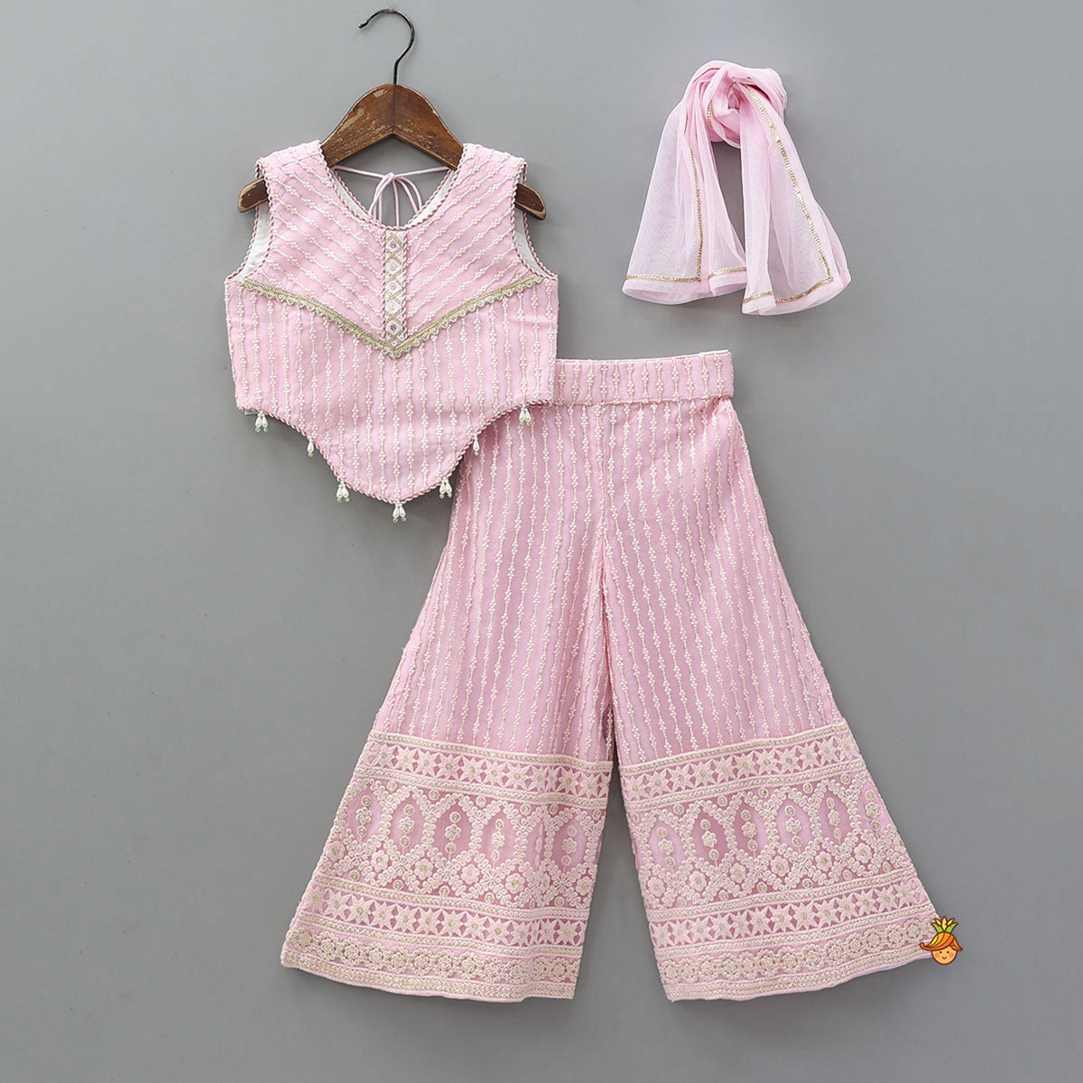 Pre Order: Curved Hem Top And Palazzo With Net Dupatta