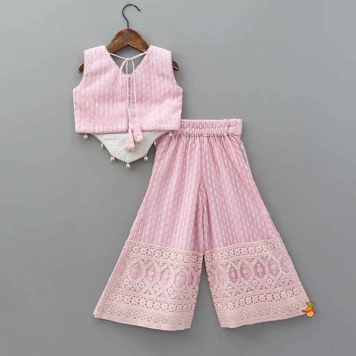 Pre Order: Curved Hem Top And Palazzo With Net Dupatta