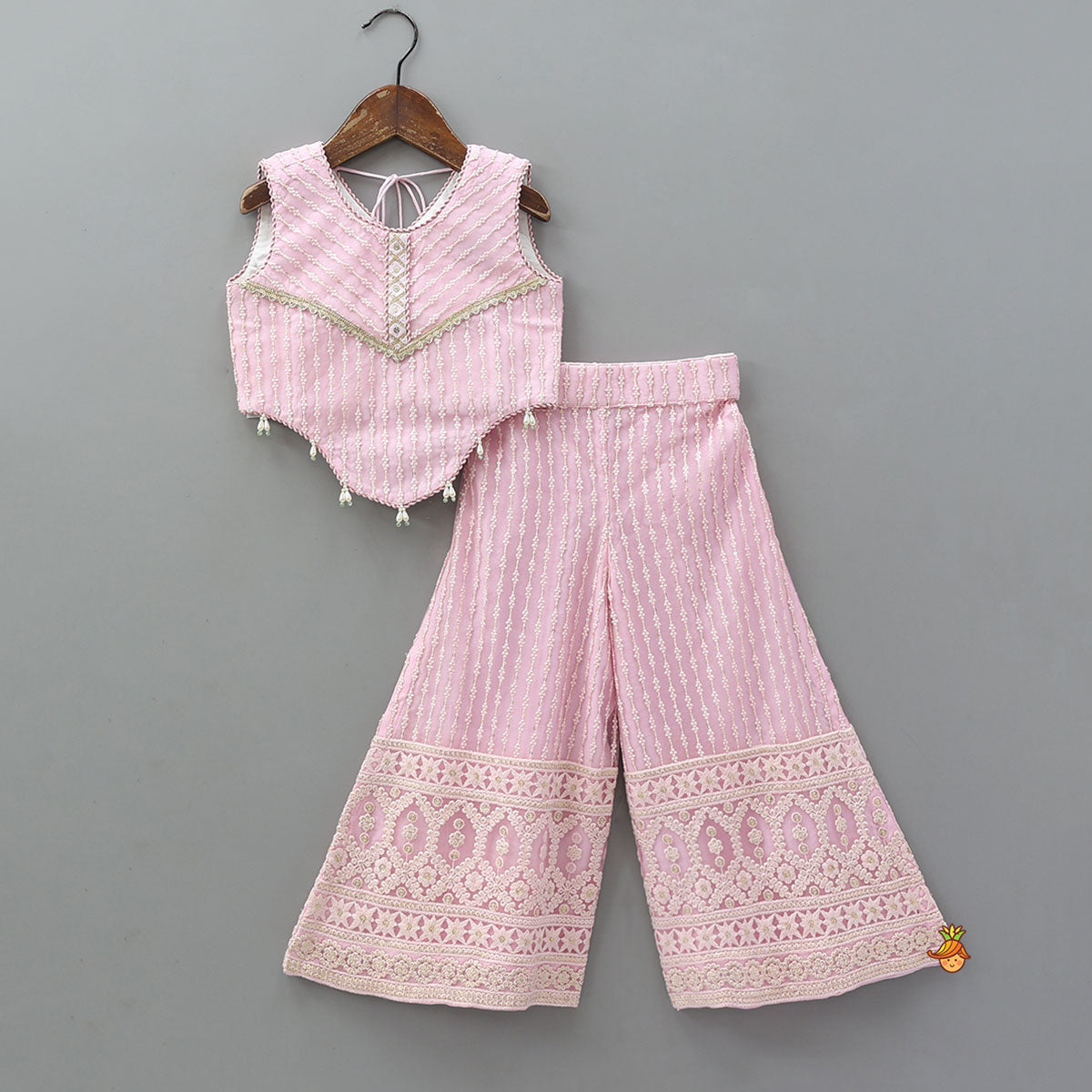 Pre Order: Curved Hem Top And Palazzo With Net Dupatta