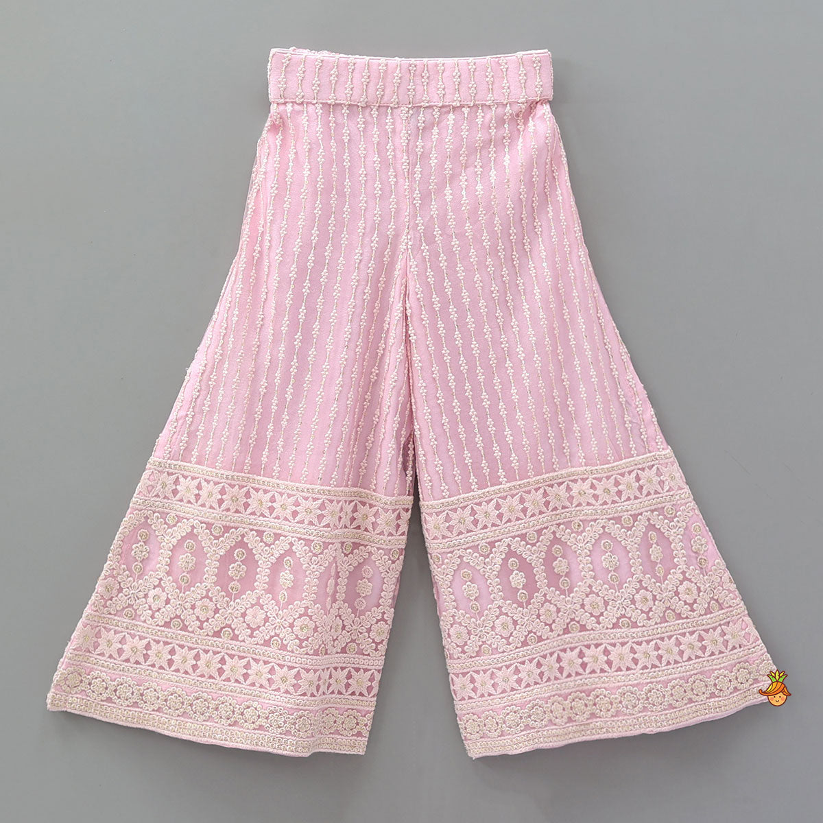 Pre Order: Curved Hem Top And Palazzo With Net Dupatta