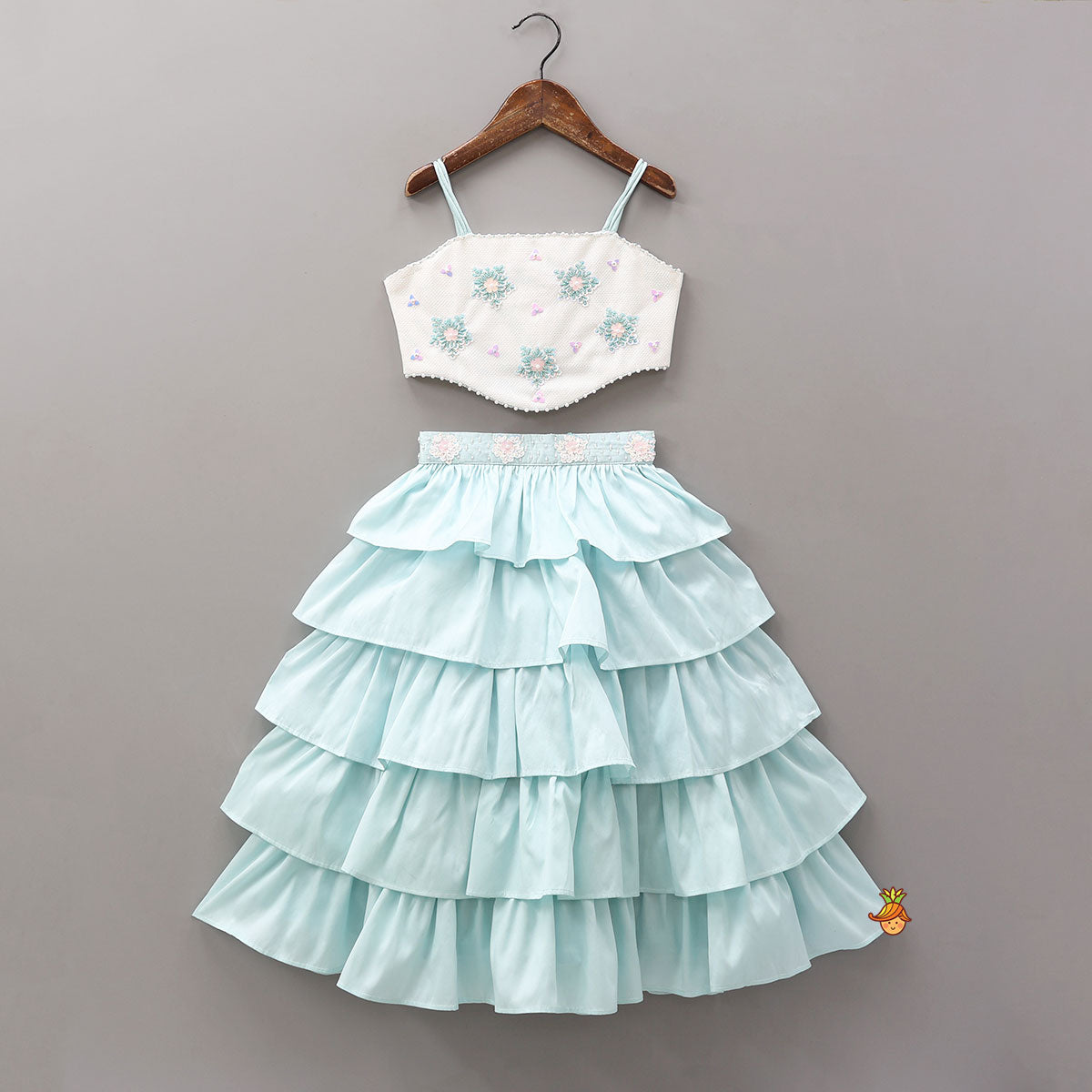 Pre Order: Elegant Strappy Shiny Top With Multi-Layered Lehenga