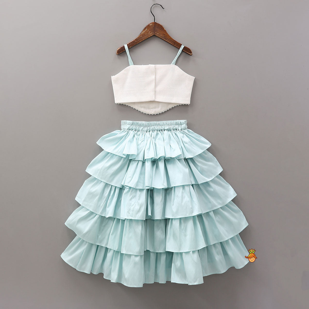 Pre Order: Elegant Strappy Shiny Top With Multi-Layered Lehenga