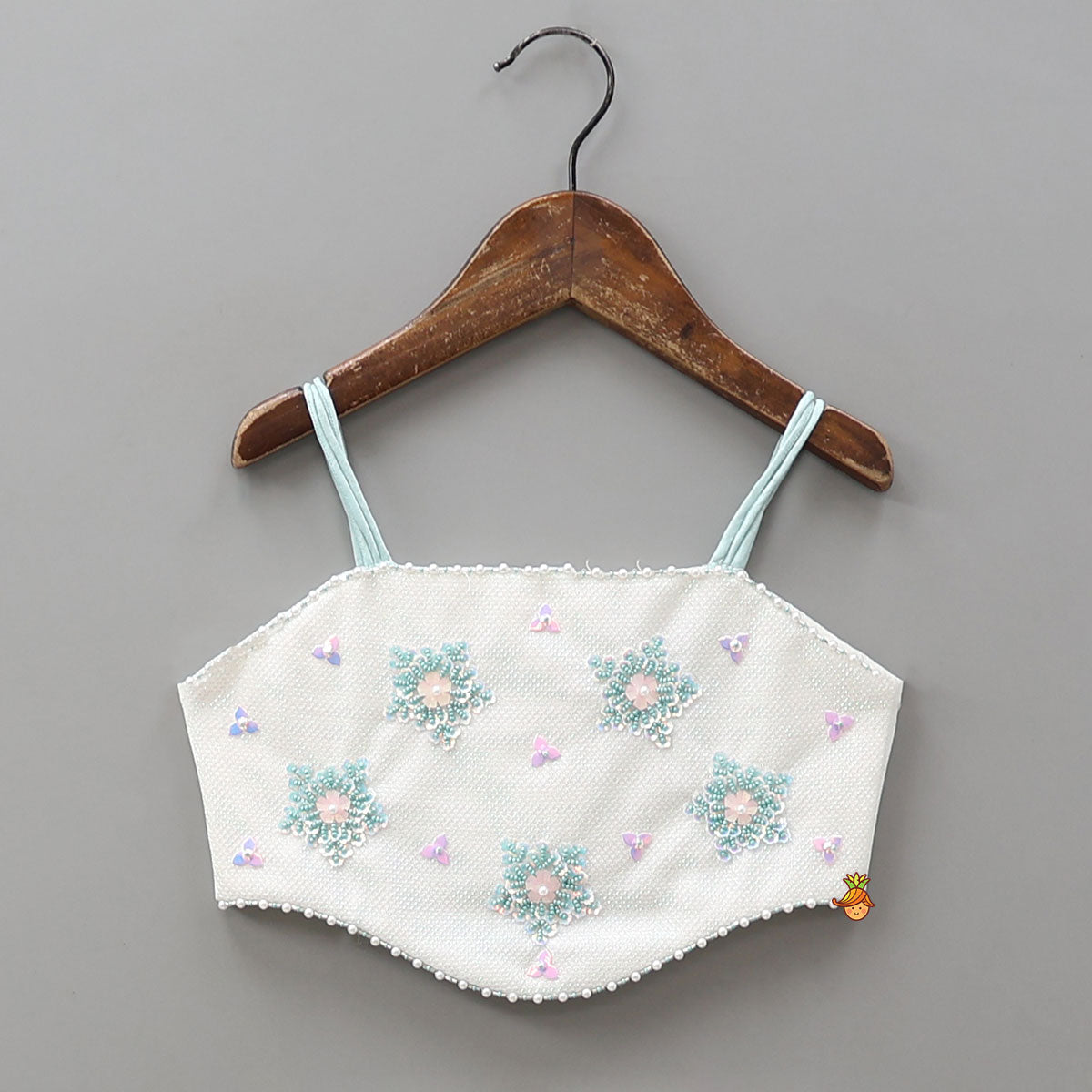 Pre Order: Elegant Strappy Shiny Top With Multi-Layered Lehenga