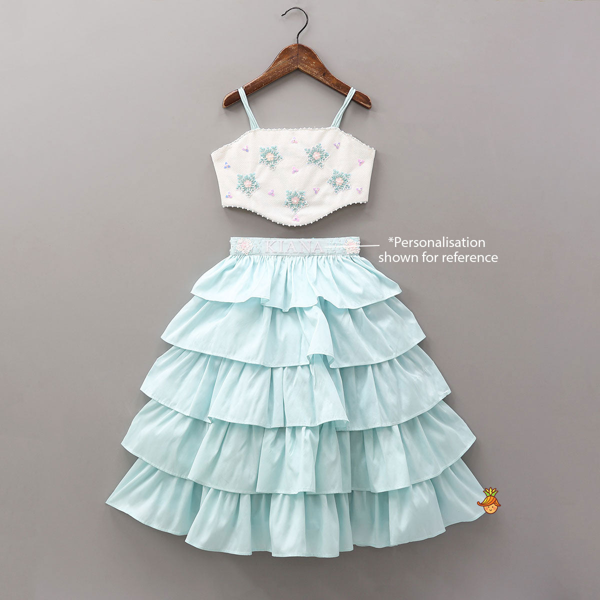 Pre Order: Elegant Strappy Shiny Top With Multi-Layered Lehenga