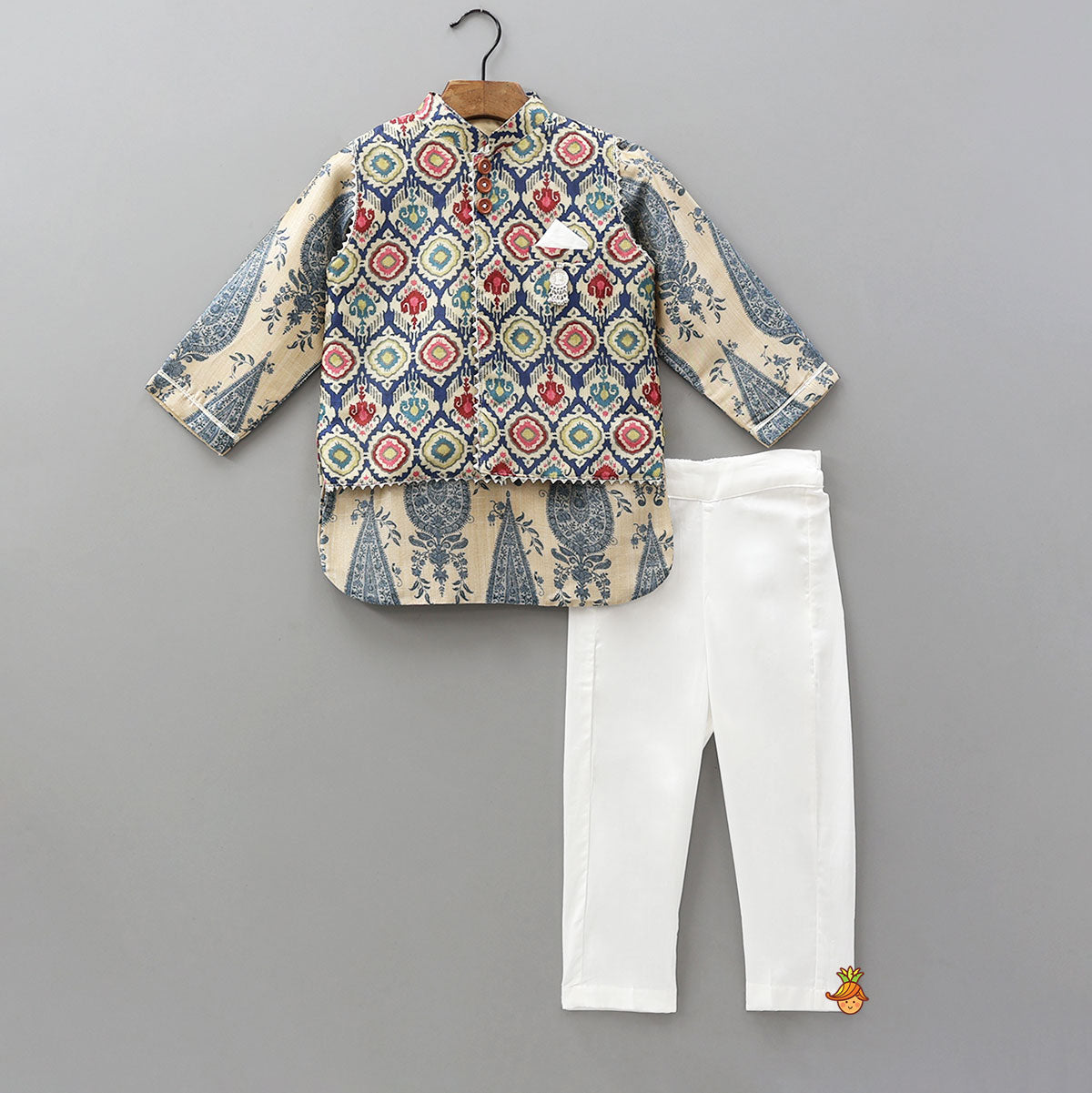 Pre Order: Curved Hem Kurta With Printed Jacket And Pyjama