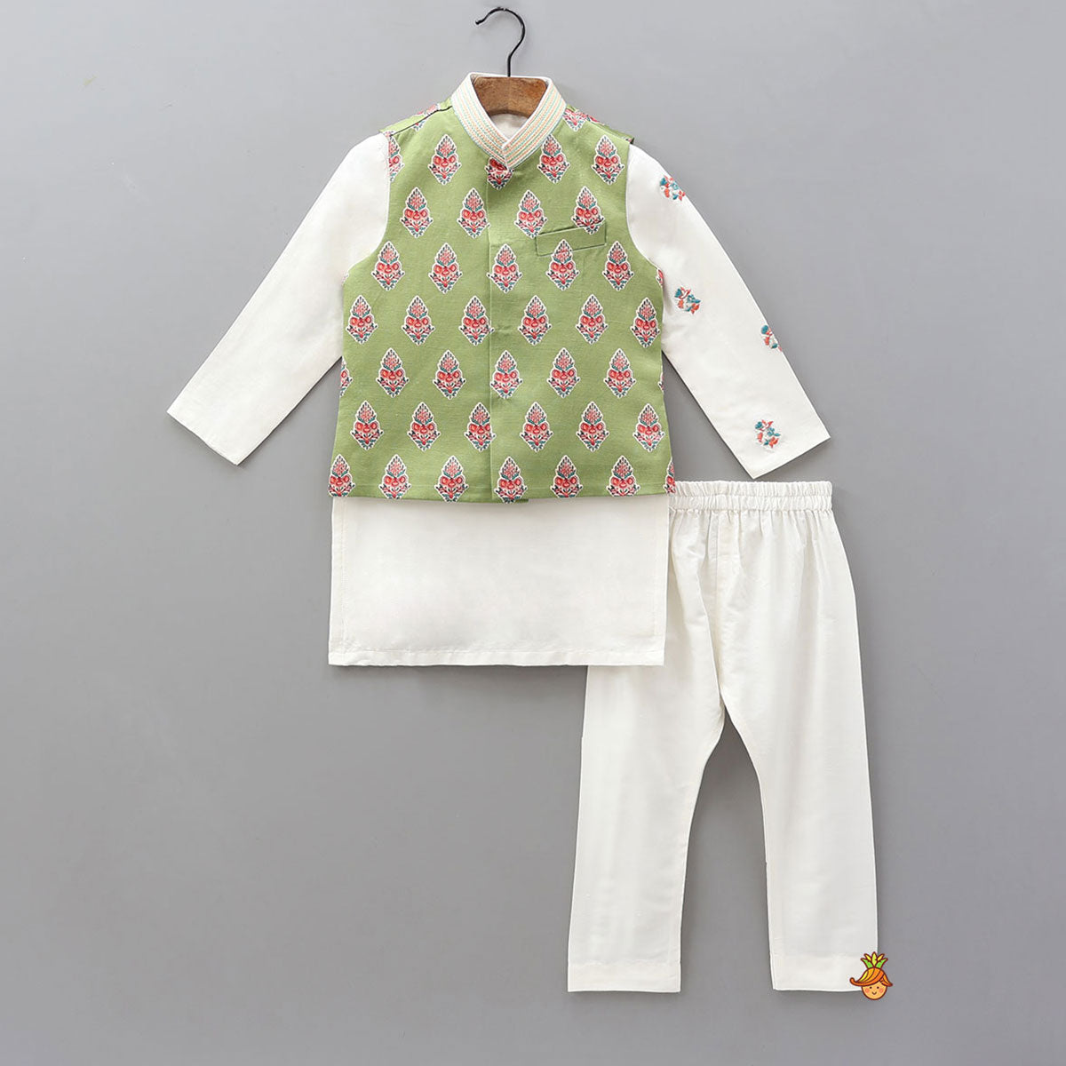 Pre Order: One-Side Embroidered Kurta With Printed Jacket And Pyjama