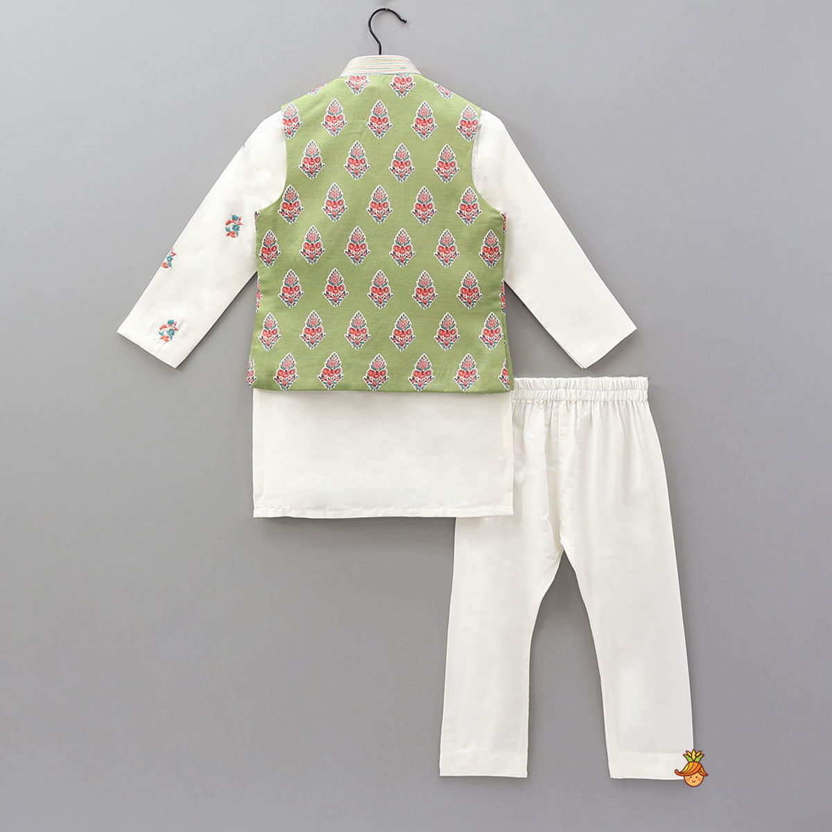 Pre Order: One-Side Embroidered Kurta With Printed Jacket And Pyjama