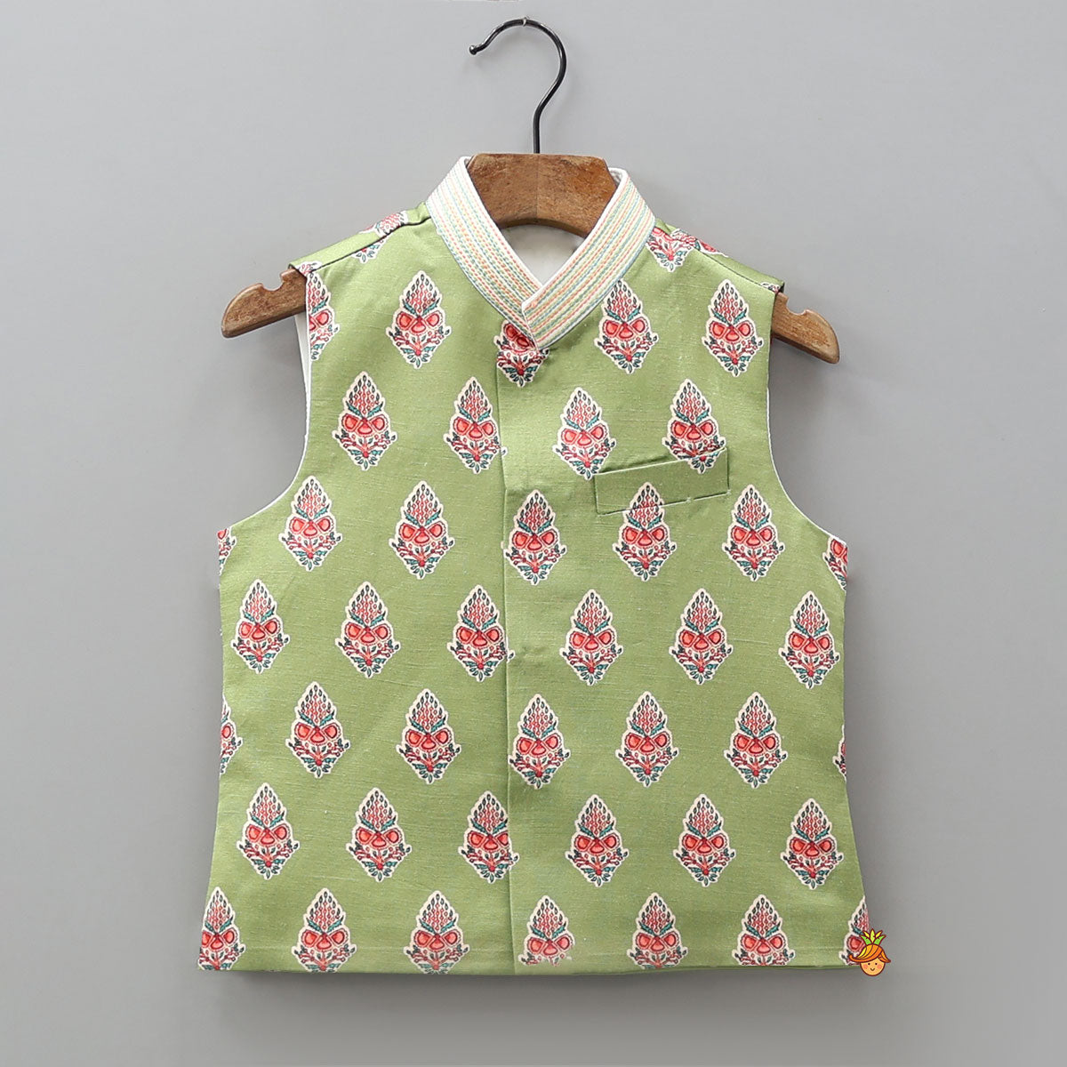 Pre Order: One-Side Embroidered Kurta With Printed Jacket And Pyjama