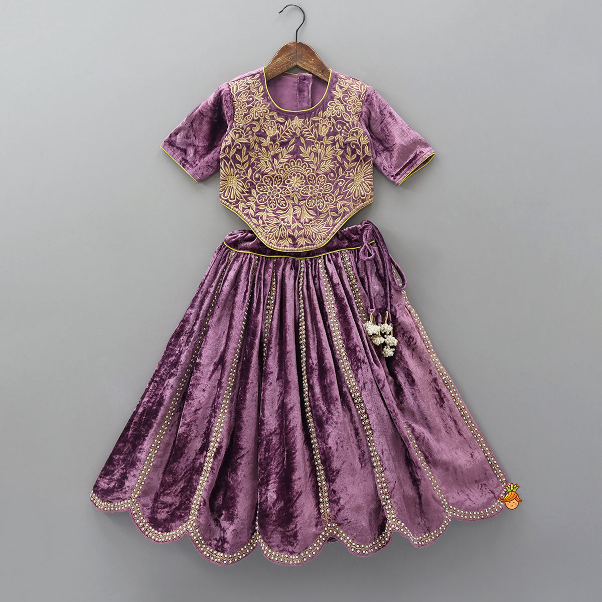 Pre Order: Charming Stylish Embroidered Velvet Top With Matching Lehenga