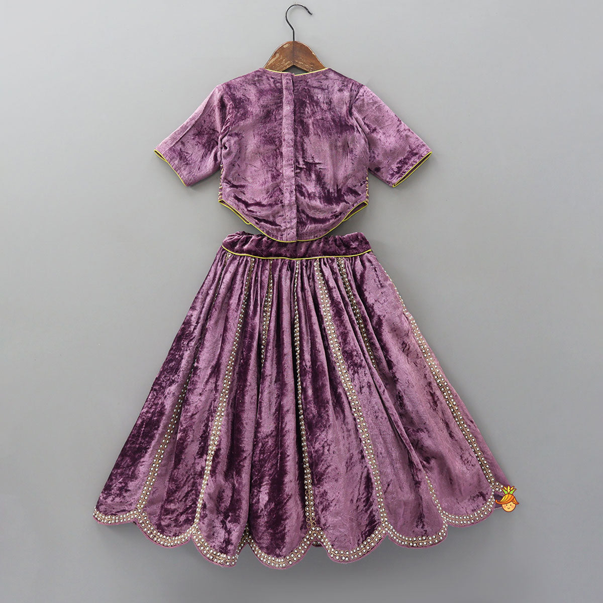 Pre Order: Charming Stylish Embroidered Velvet Top With Matching Lehenga