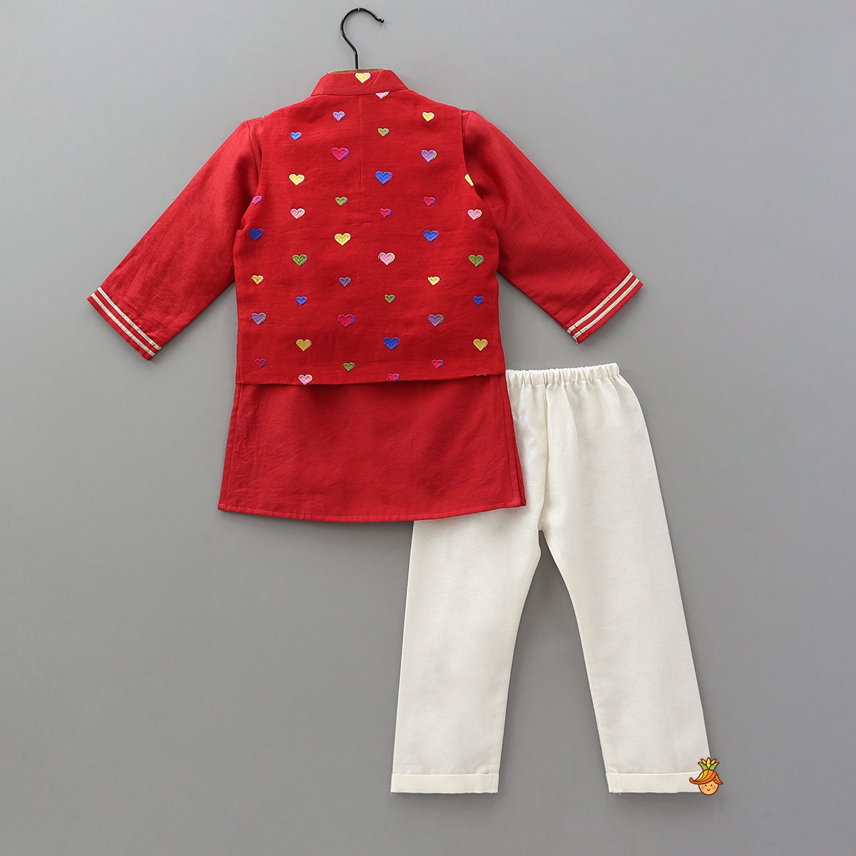 Ethnic Kurta With Heart-Embroidered Jacket And Pyjama