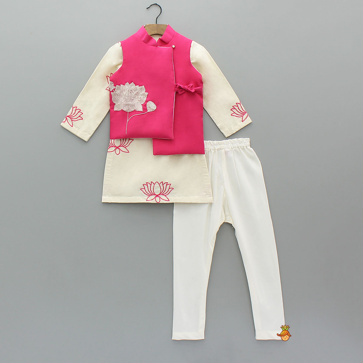 Pre Order: Lotus Motif Embroidered Kurta With Contrasting Jacket And Churidar