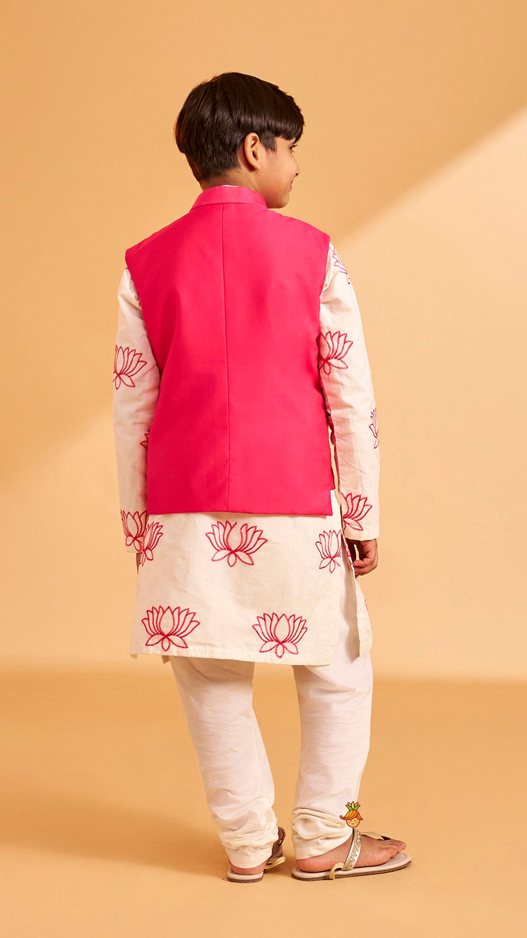 Pre Order: Lotus Motif Embroidered Kurta With Contrasting Jacket And Churidar