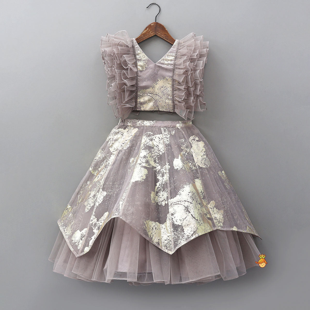 Pre Order: V-Neck Foil Printed Top And Layered Lehenga