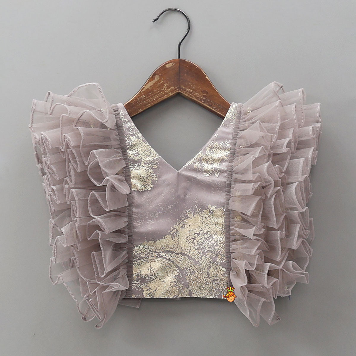 Pre Order: V-Neck Foil Printed Top And Layered Lehenga