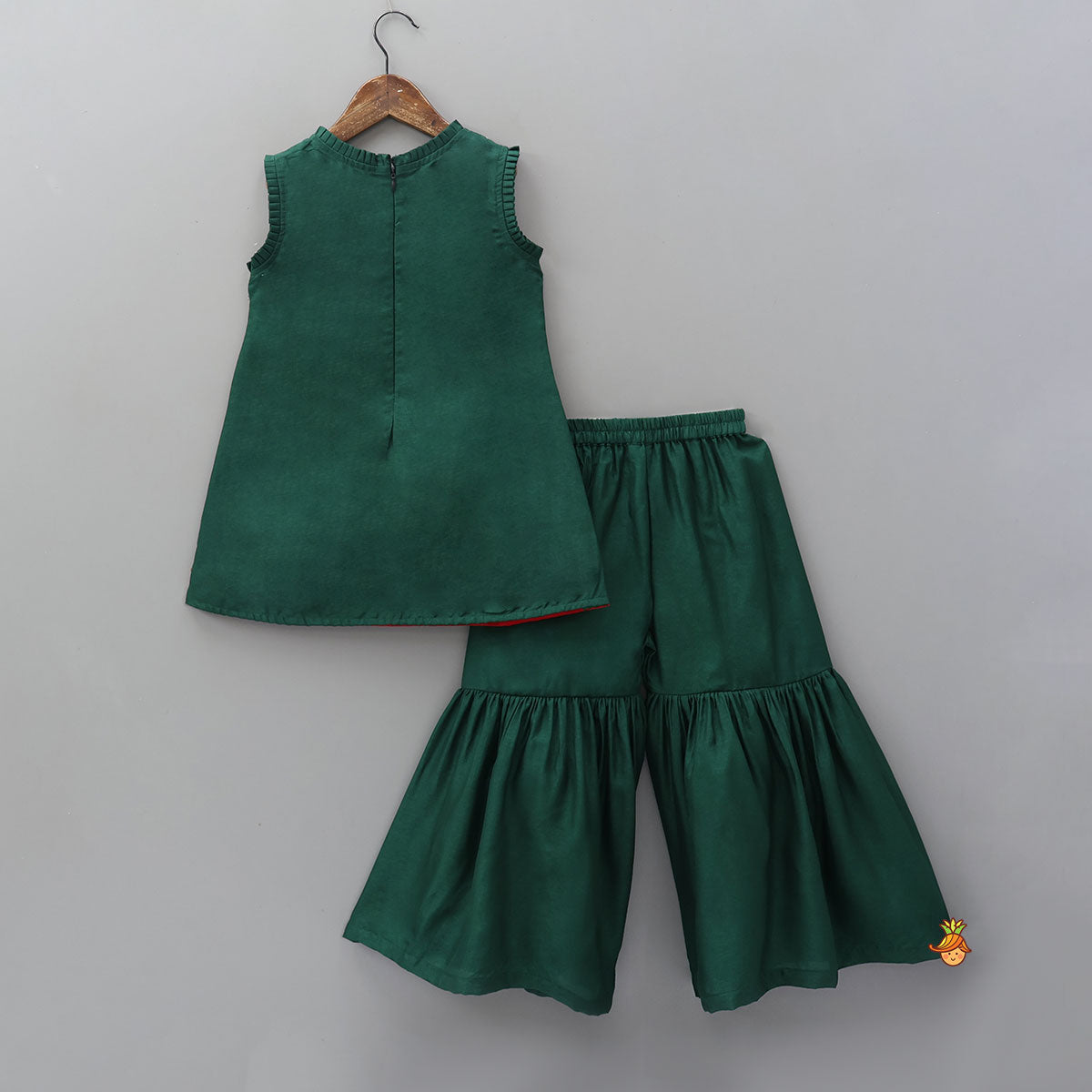 Pre Order: Contrasting Flowers Embroidered Kurti And Sharara With Matching Dupatta