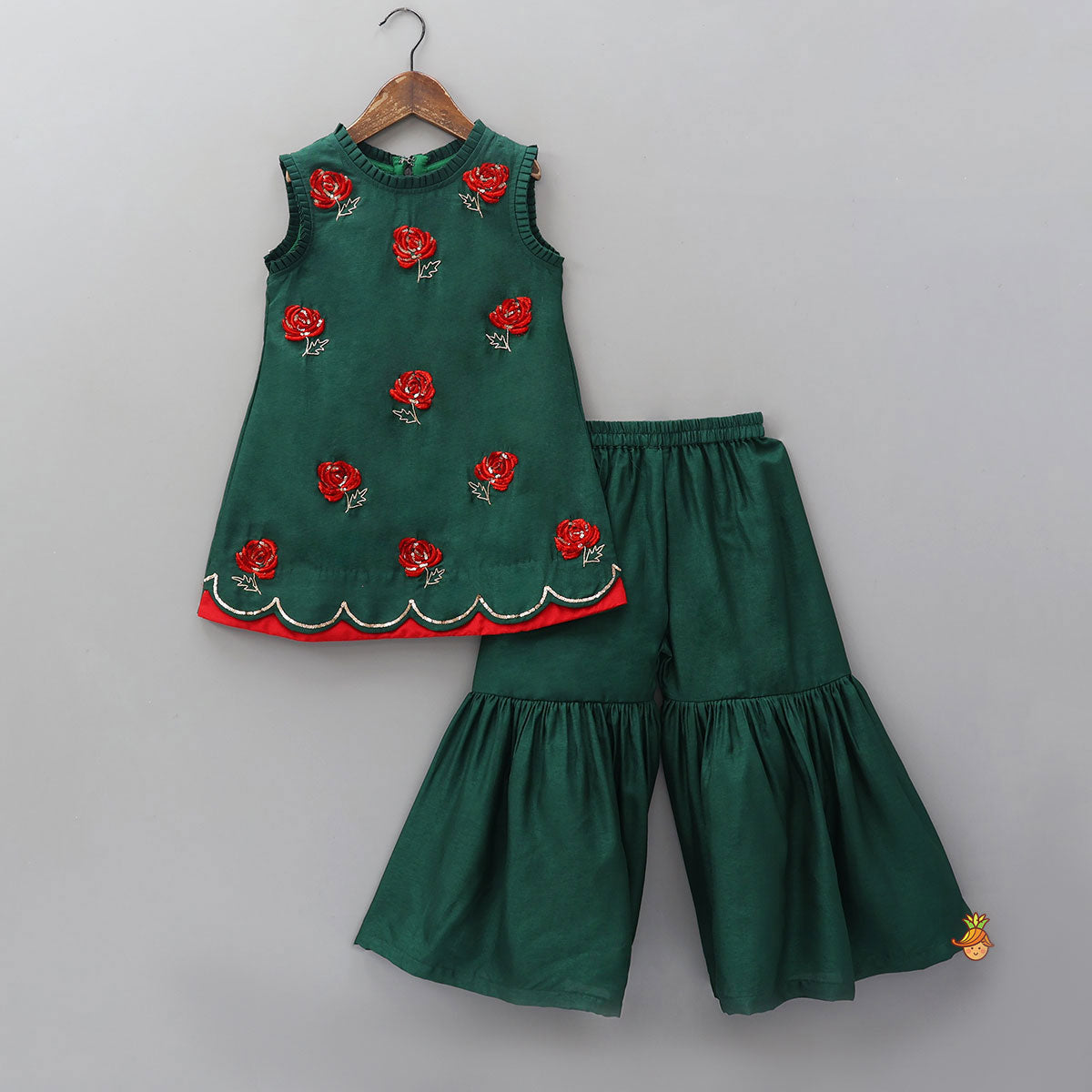 Pre Order: Contrasting Flowers Embroidered Kurti And Sharara With Matching Dupatta