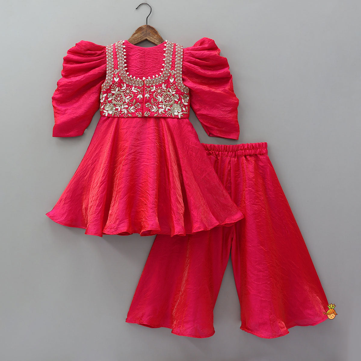 Adorable Shimmery Kurti With Embroidered Jacket And Flared Palazzo