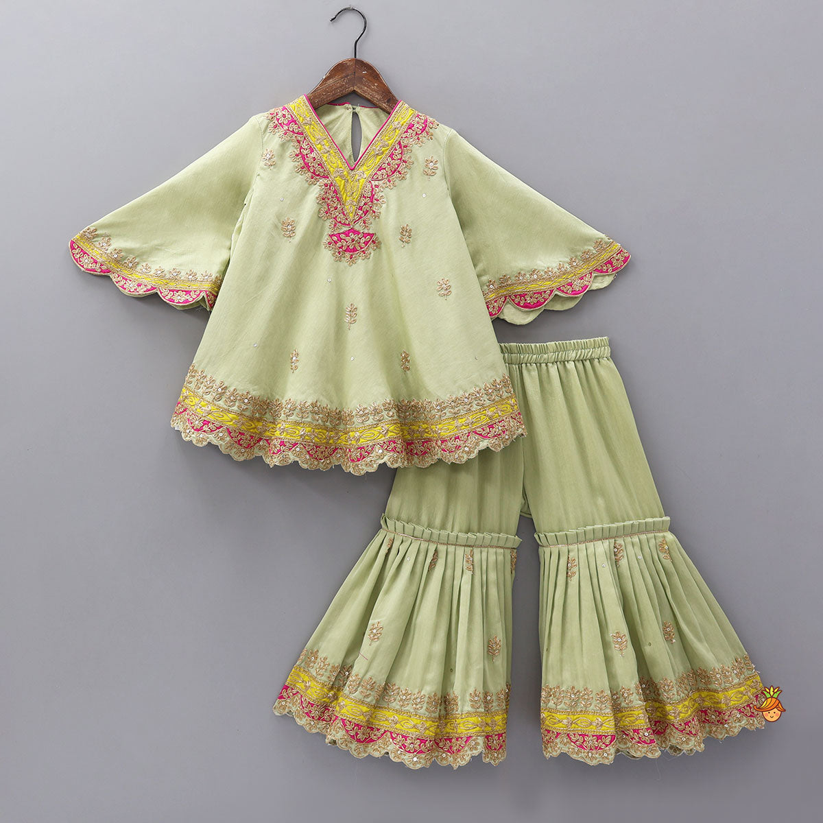 Pre Order: Stylish Scalloped-Sleeve Kurti And Sharara