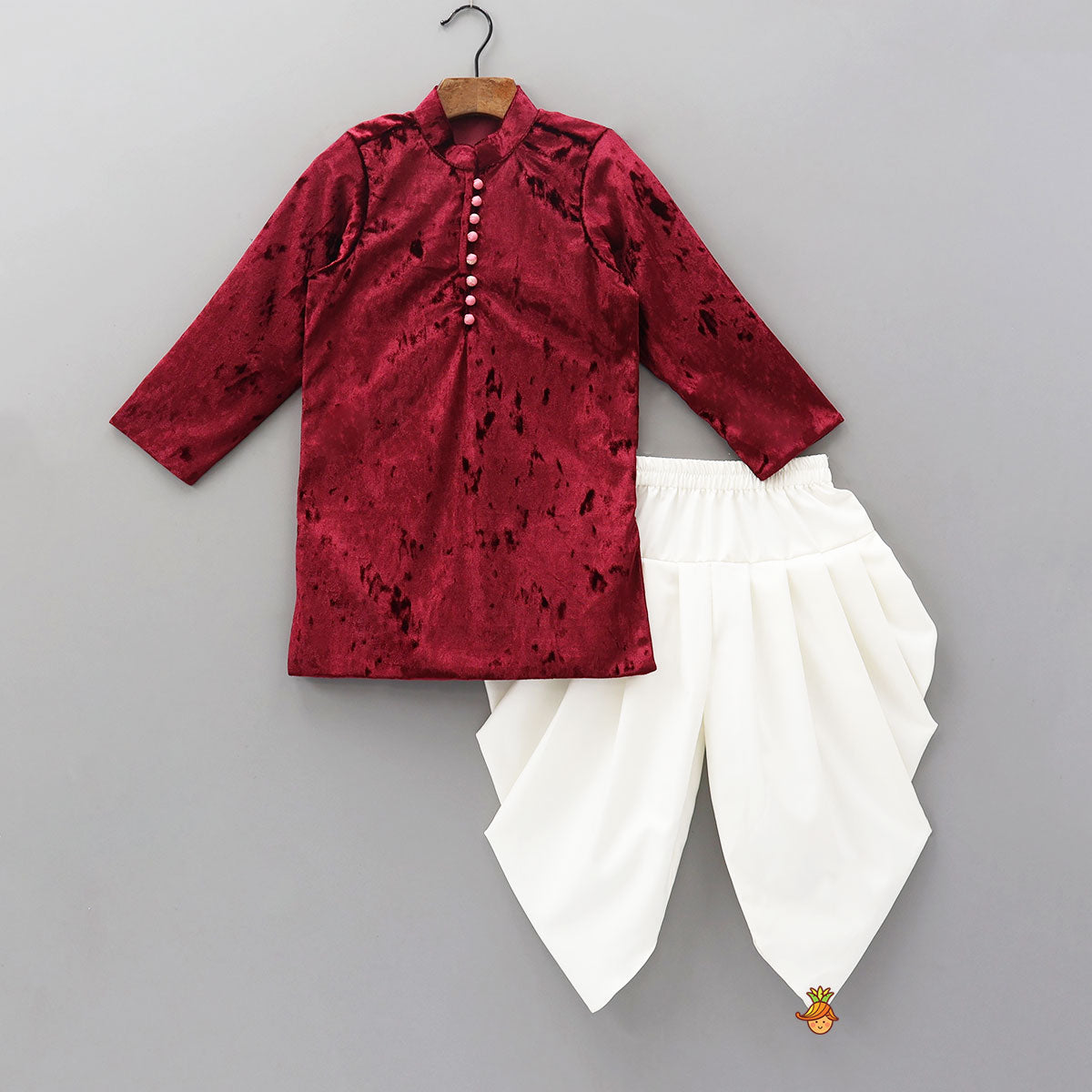 Pre Order: Potli Button Detail Kurta With Open Jacket And Dhoti