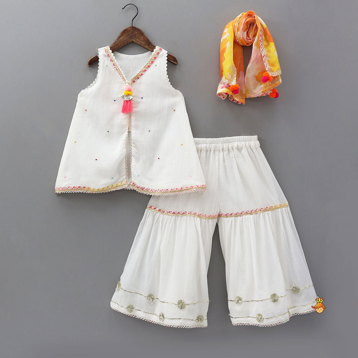 Pre Order: Front Slit Kurti And Matching Flared Sharara With Contrasting Dupatta