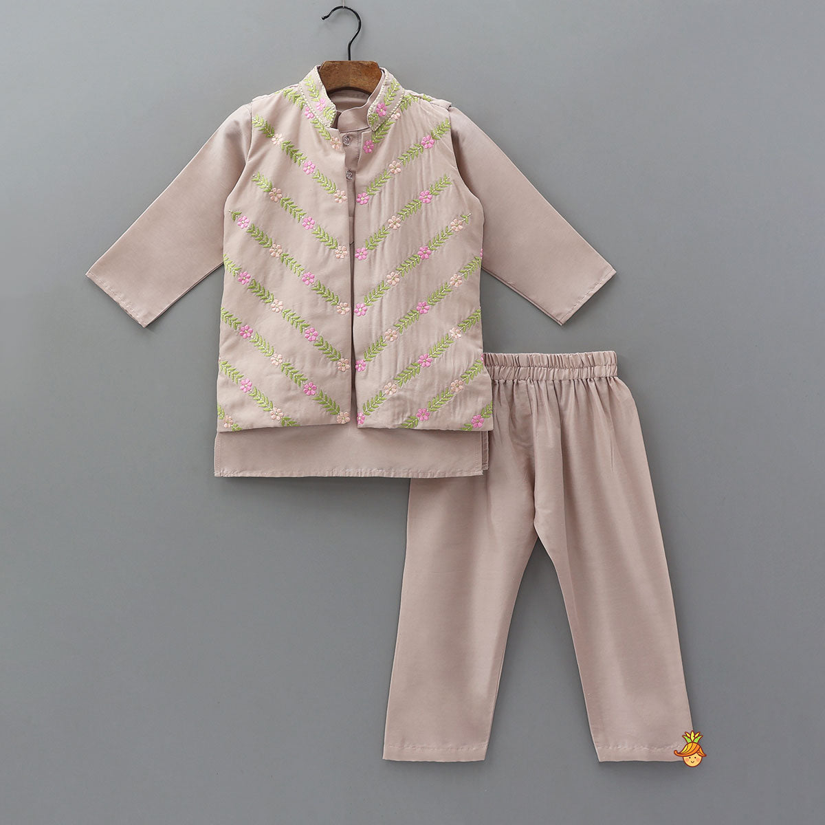 Pre Order: Ethnic Kurta With Intricate Thread Floral Embroidered Jacket And Pyjama