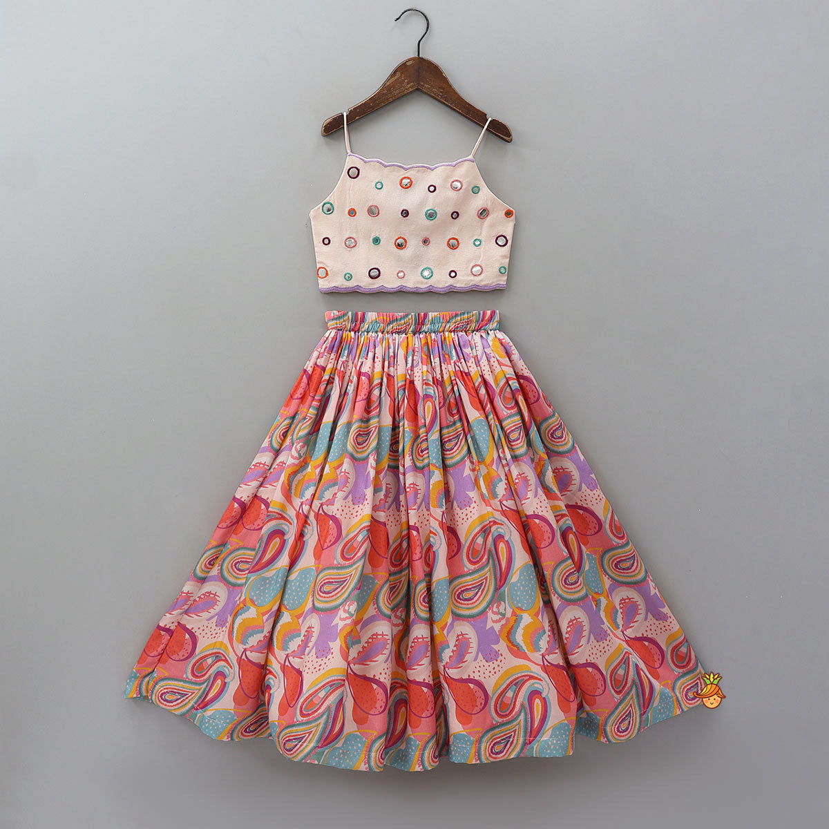 Pre Order: Faux Mirror Work Strappy Top And Printed Lehenga