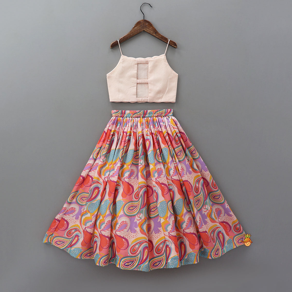 Pre Order: Faux Mirror Work Strappy Top And Printed Lehenga